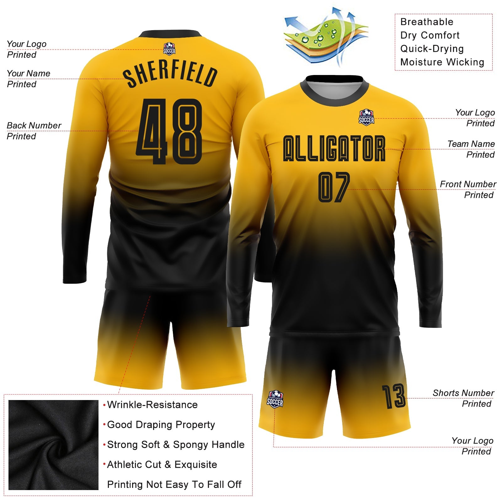 Custom Gold Black Sublimation Long Sleeve Fade Fashion Soccer Uniform Jersey T-Shirts, Hoodie, Sweatshirt (Image 3)