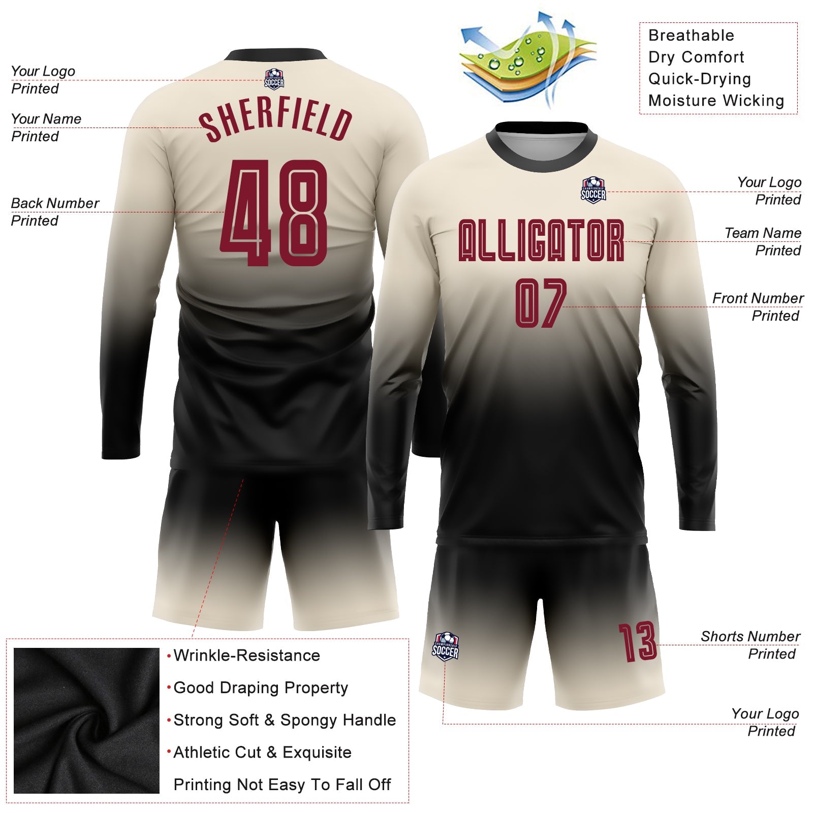 Custom Cream Crimson-Black Sublimation Long Sleeve Fade Fashion Soccer Uniform Jersey T-Shirts, Hoodie, Sweatshirt (Image 3)