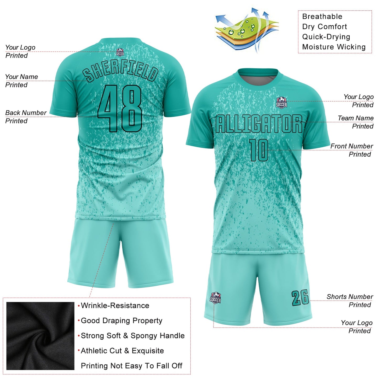 Custom Aqua Aqua-Black Sublimation Soccer Uniform Jersey T-Shirts, Hoodie, Sweatshirt | WearSparks.com (Image 5)