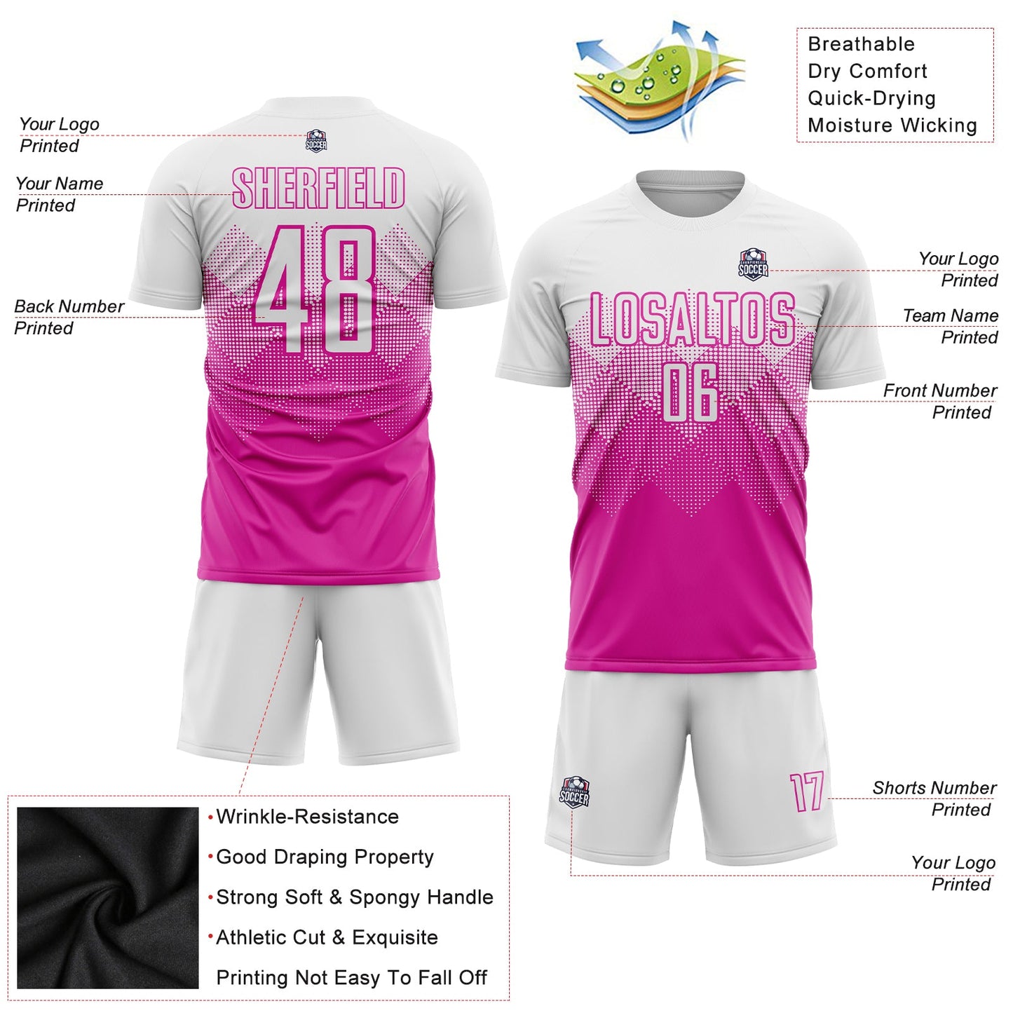 Custom Deep Pink White Sublimation Soccer Uniform Jersey T-Shirts, Hoodie, Sweatshirt | WearSparks.com (Image 5)