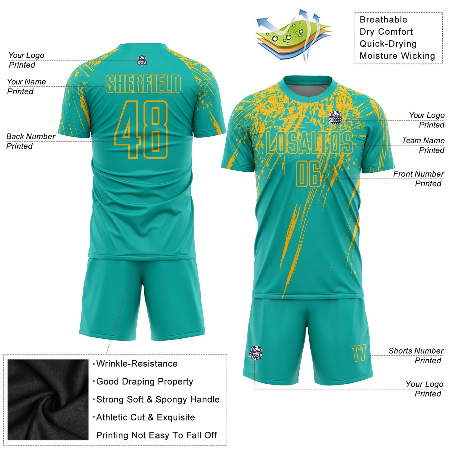 Custom Aqua Gold Sublimation Soccer Uniform Jersey T-Shirts, Hoodie, Sweatshirt | WearSparks.com (Image 3)
