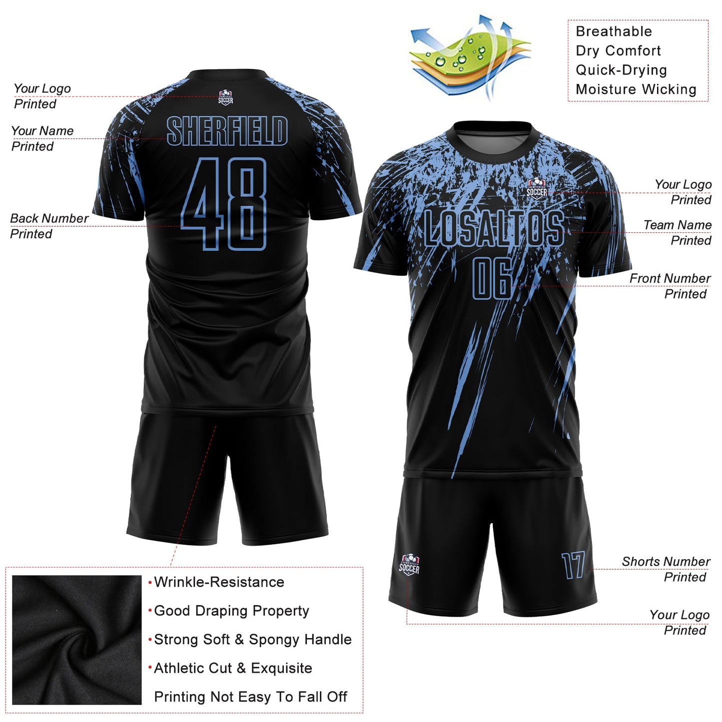 Custom Black Light Blue Sublimation Soccer Uniform Jersey T-Shirts, Hoodie, Sweatshirt | WearSparks.com (Image 3)