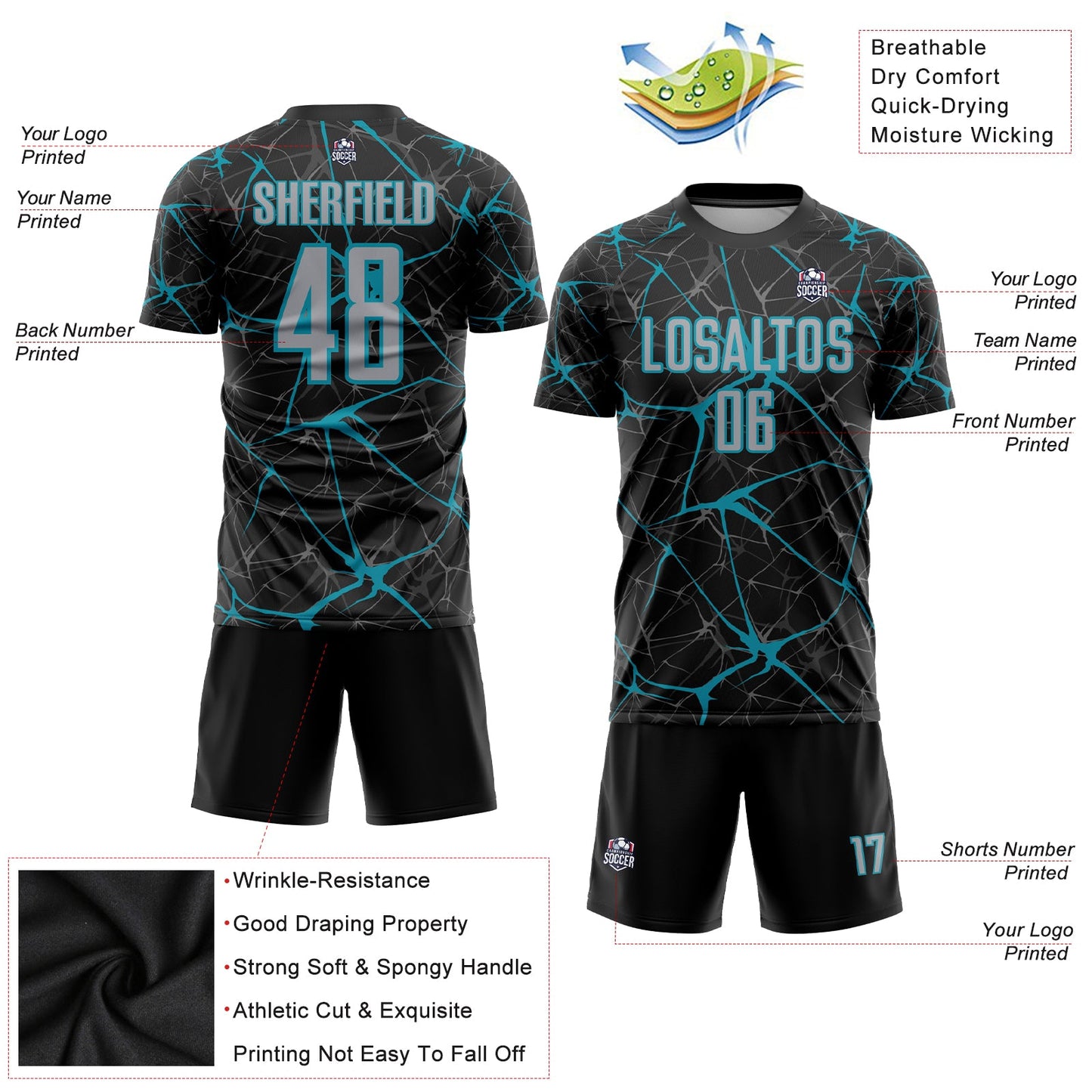 Custom Black Gray-Teal Sublimation Soccer Uniform Jersey T-Shirts, Hoodie, Sweatshirt | WearSparks.com (Image 3)