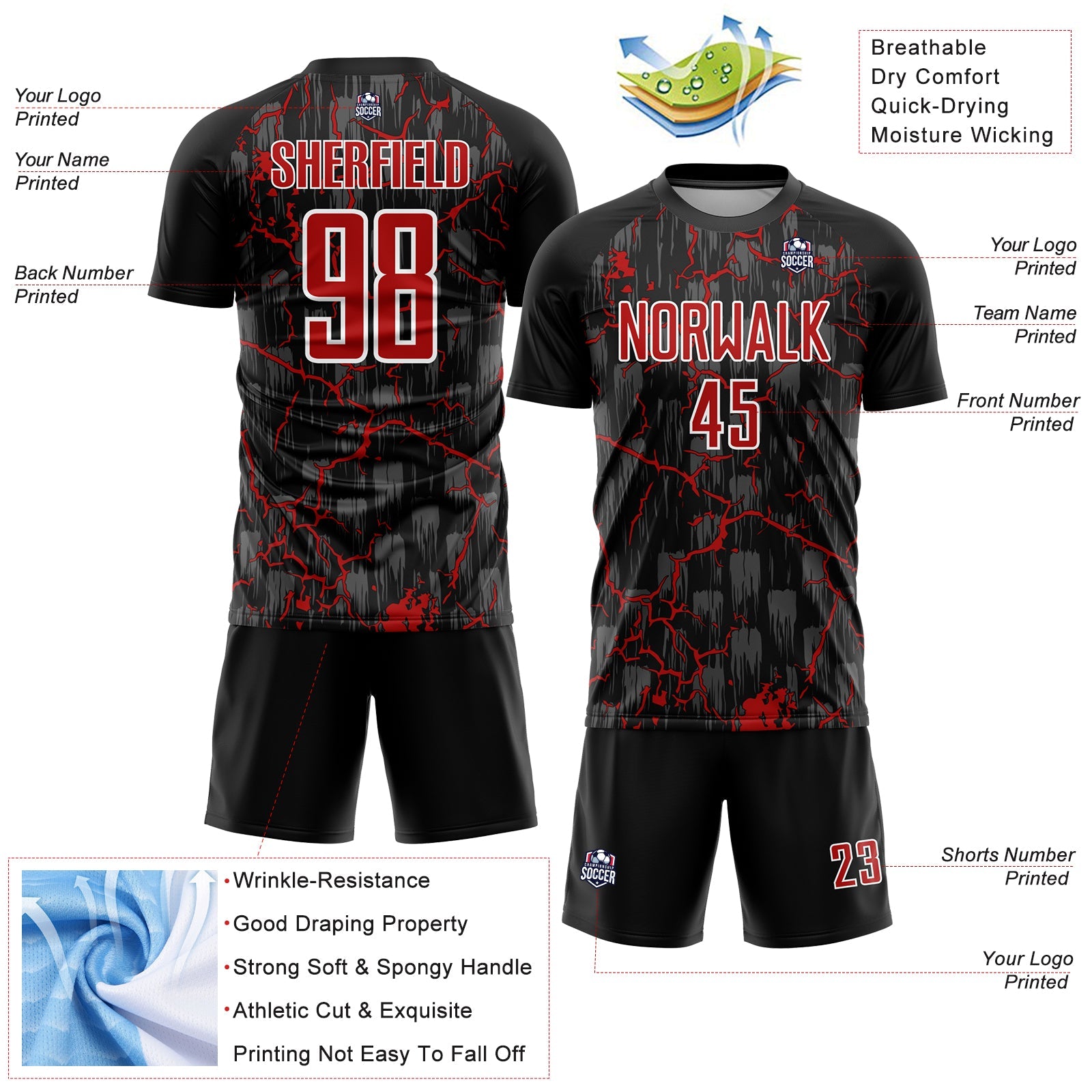 Custom Black Red-White Lightning Sublimation Soccer Uniform Jersey T-Shirts, Hoodie, Sweatshirt | WearSparks.com (Image 4)