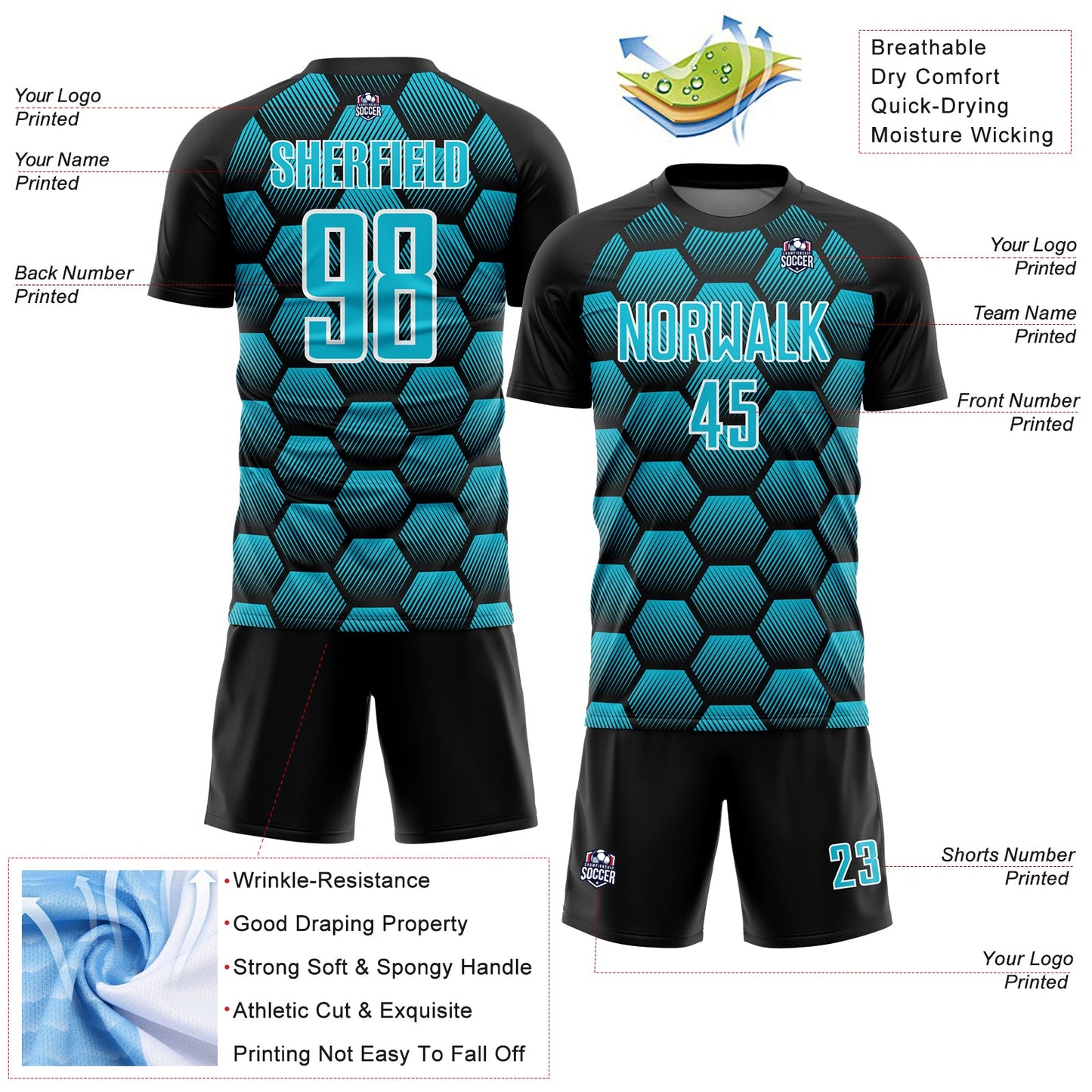 Custom Black Lakes Blue-White Hexagons Pattern Sublimation Soccer Uniform Jersey T-Shirts, Hoodie, Sweatshirt (Image 4)