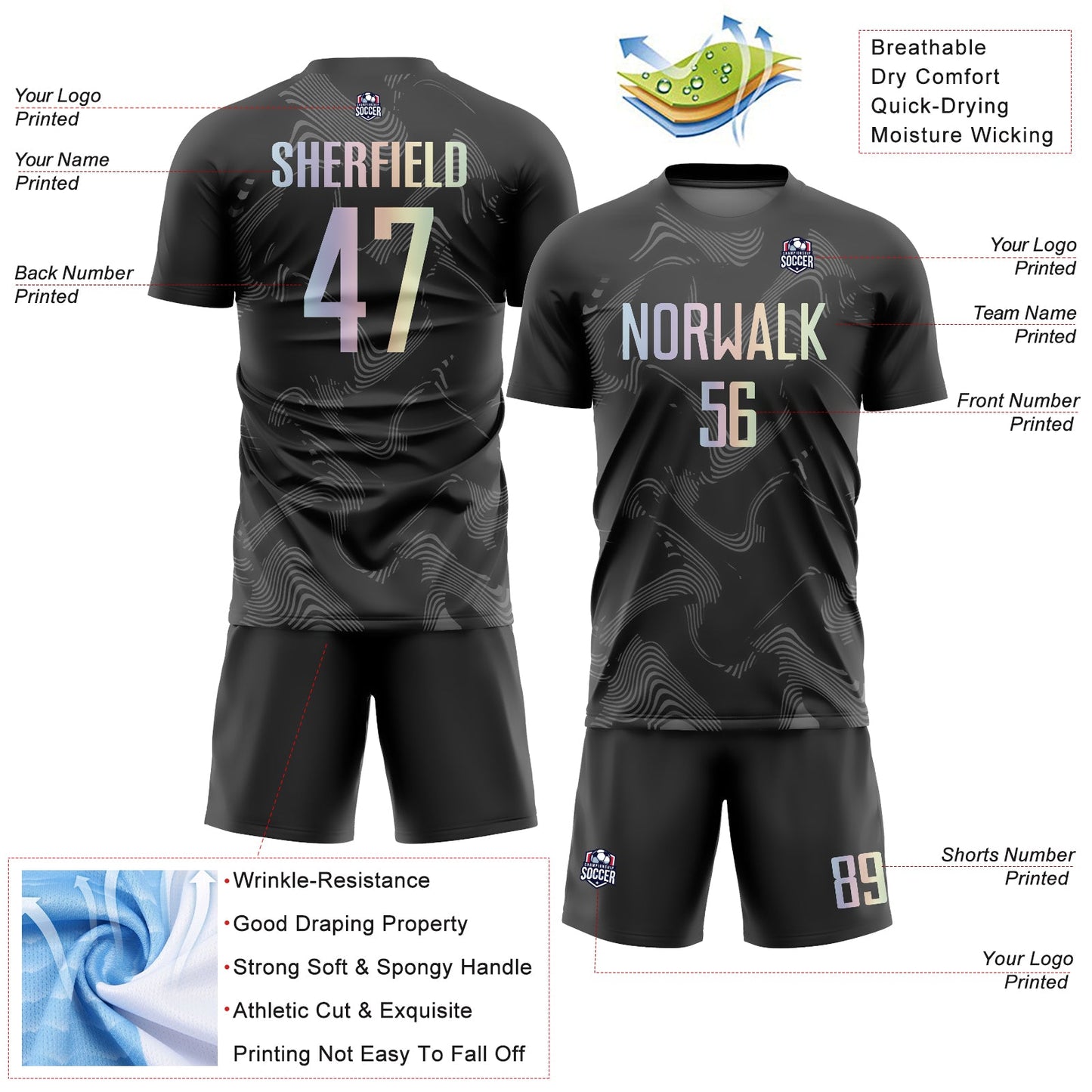 Custom Black Gradient-Gray Curve Lines Sublimation Soccer Uniform Jersey T-Shirts, Hoodie, Sweatshirt (Image 4)