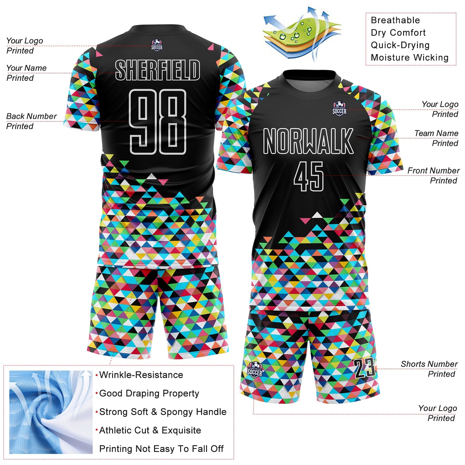 Custom Black White Colorful Geometric Triangle Sublimation Soccer Uniform Jersey T-Shirts, Hoodie, Sweatshirt (Image 4)