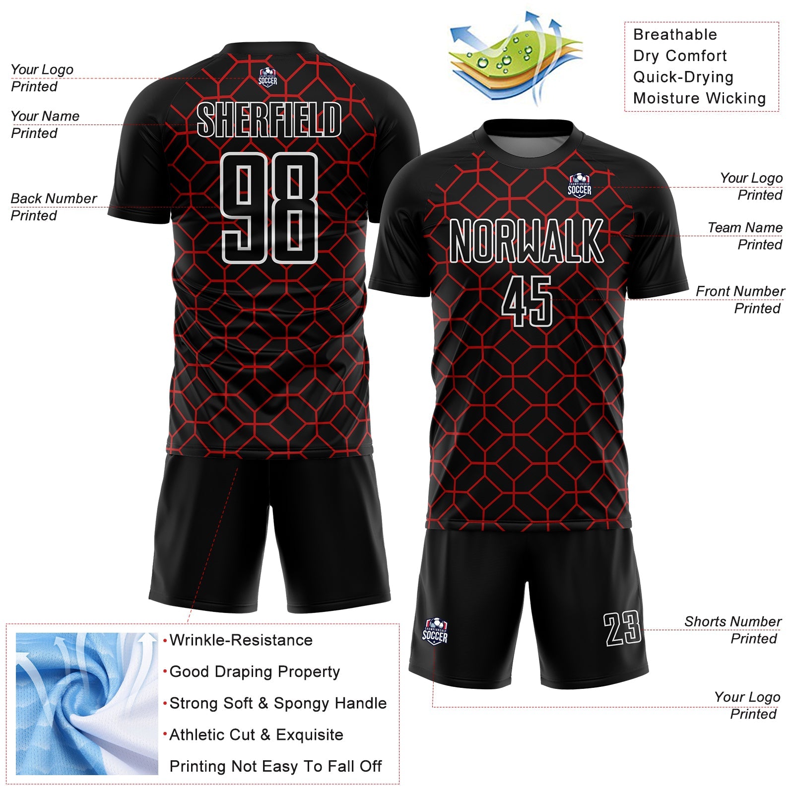 Custom Black Red-White Geometric Shapes Sublimation Soccer Uniform Jersey T-Shirts, Hoodie, Sweatshirt (Image 4)
