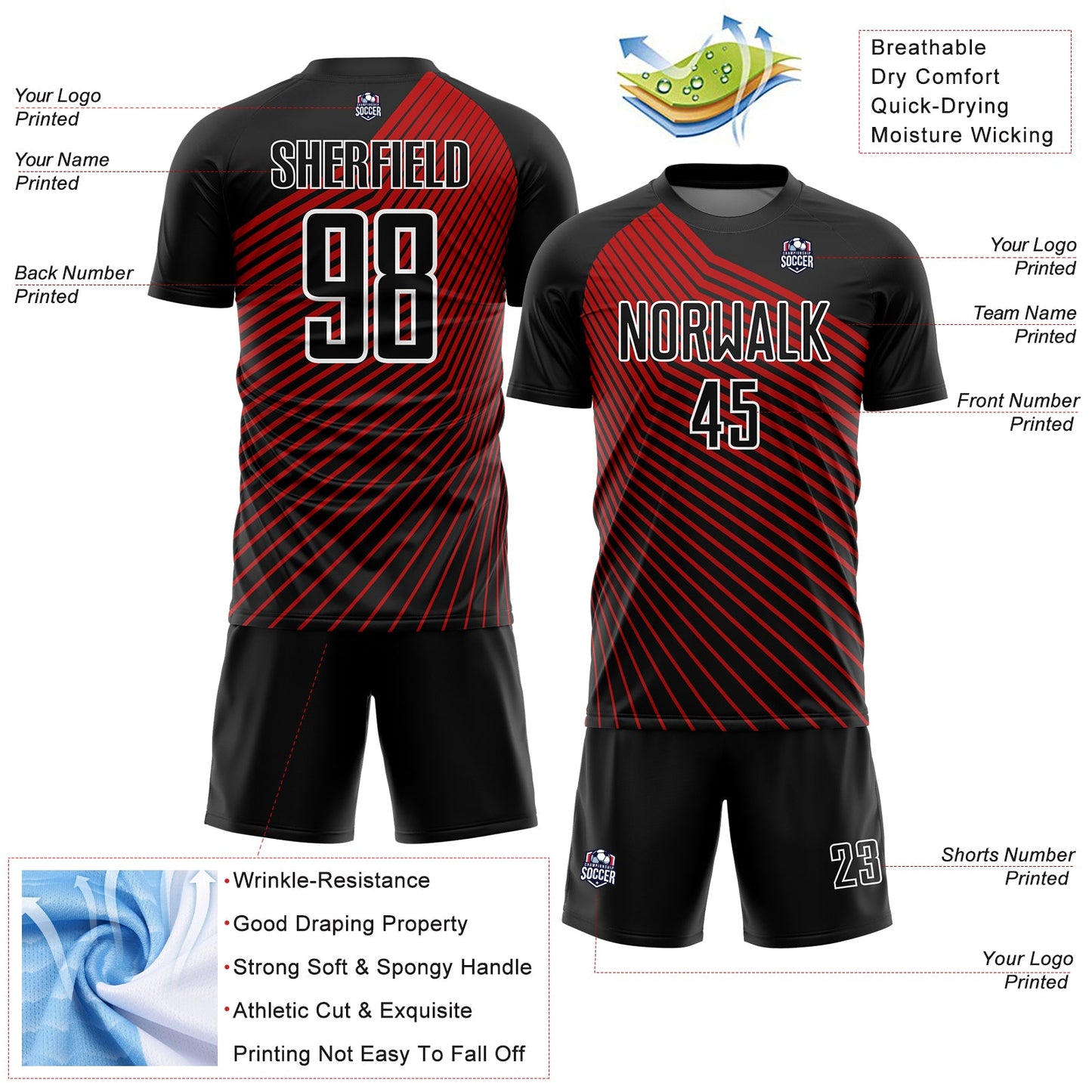 Custom Black Red-White Lines Sublimation Soccer Uniform Jersey T-Shirts, Hoodie, Sweatshirt | WearSparks.com (Image 4)