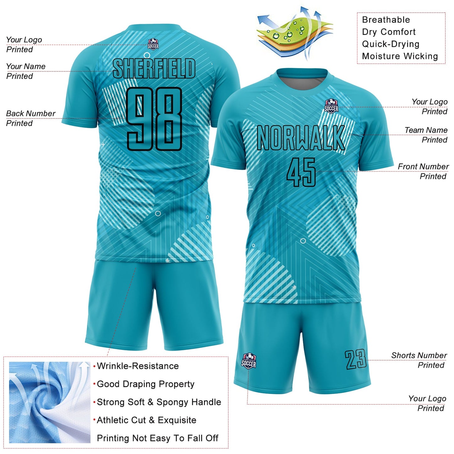 Custom Aqua Black Lines Sublimation Soccer Uniform Jersey T-Shirts, Hoodie, Sweatshirt | WearSparks.com (Image 4)