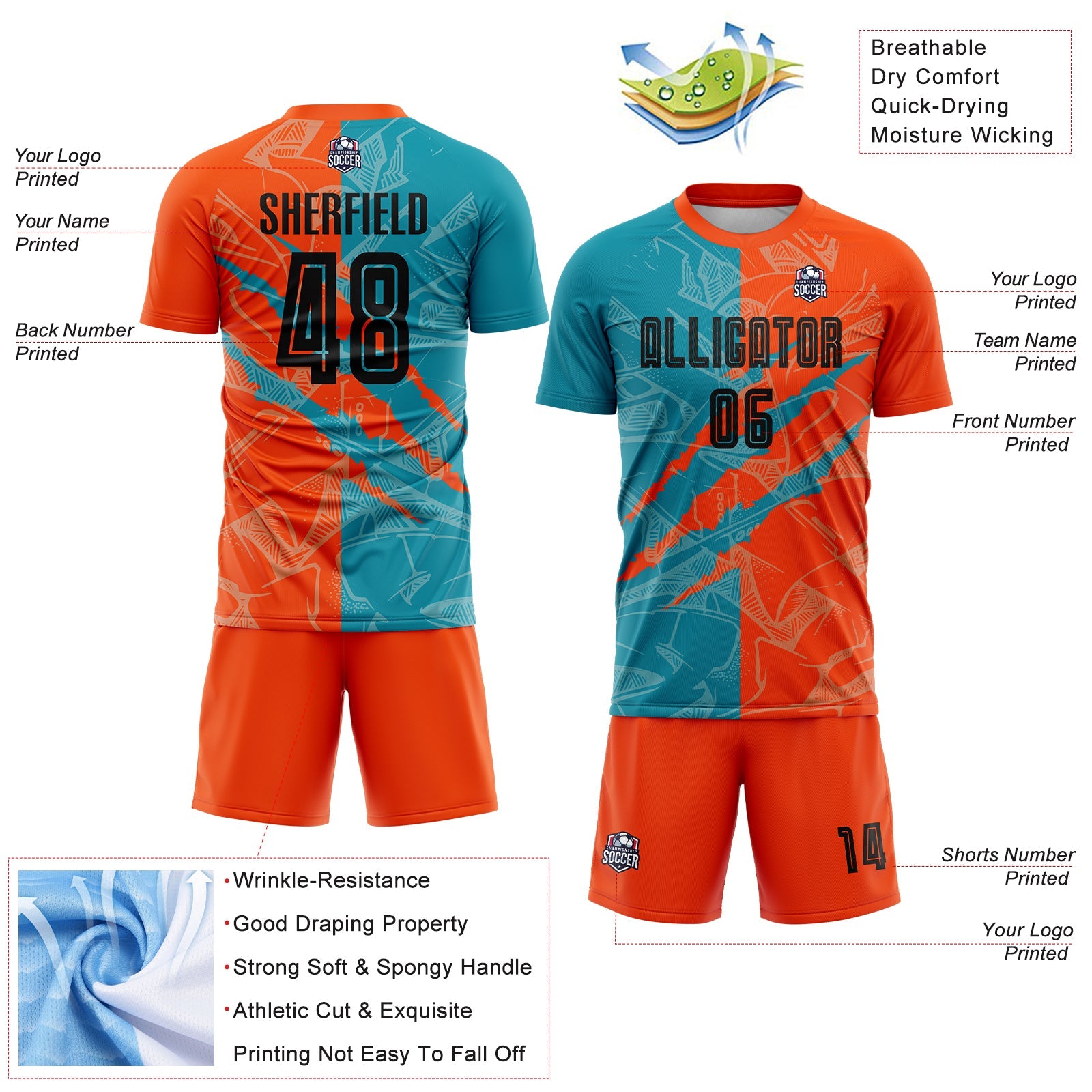 Custom Graffiti Pattern Black Teal-Orange Scratch Sublimation Soccer Uniform Jersey T-Shirts, Hoodie, Sweatshirt (Image 4)