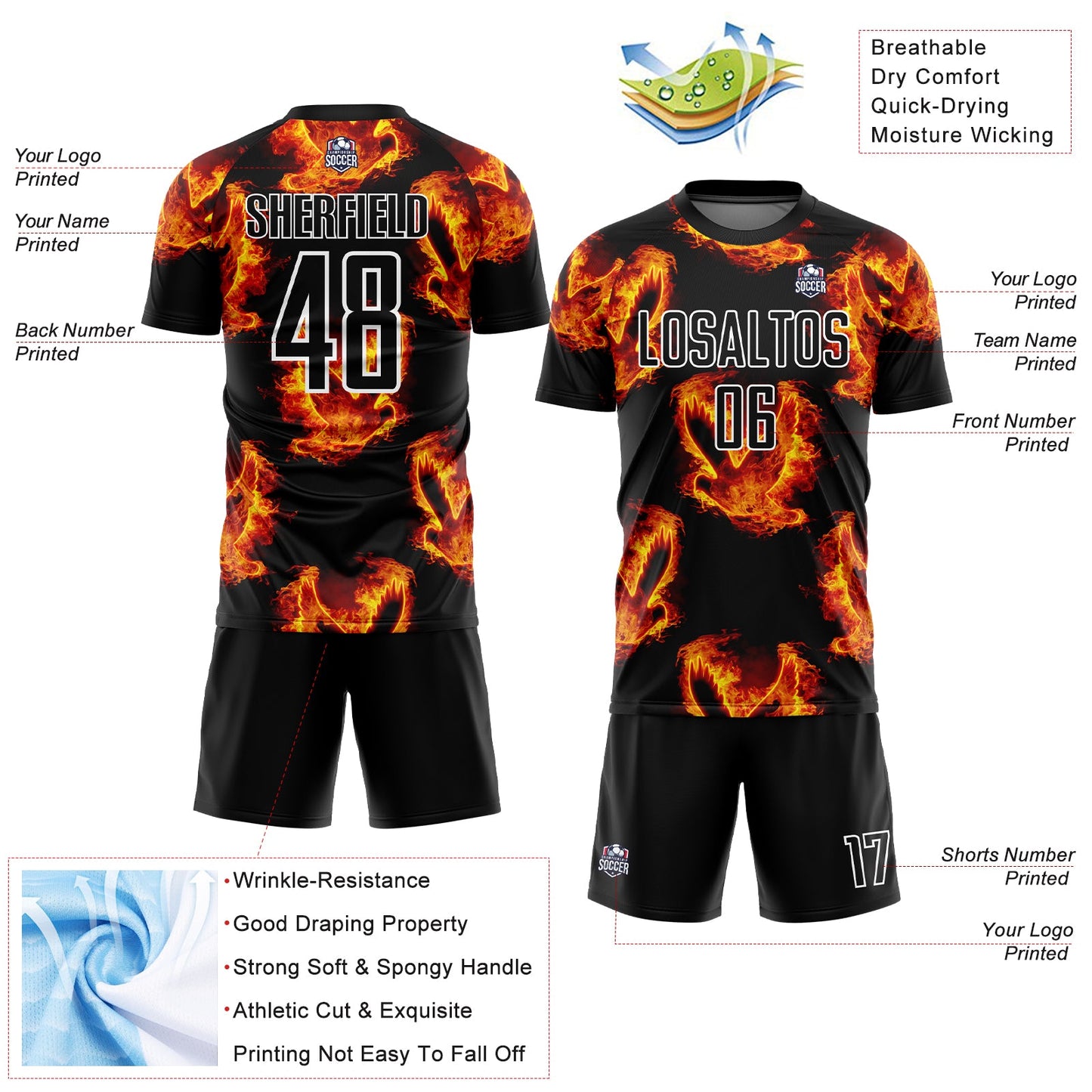 Custom Black Red-Gold Bird Flame Sublimation Soccer Uniform Jersey T-Shirts, Hoodie, Sweatshirt | WearSparks.com (Image 4)