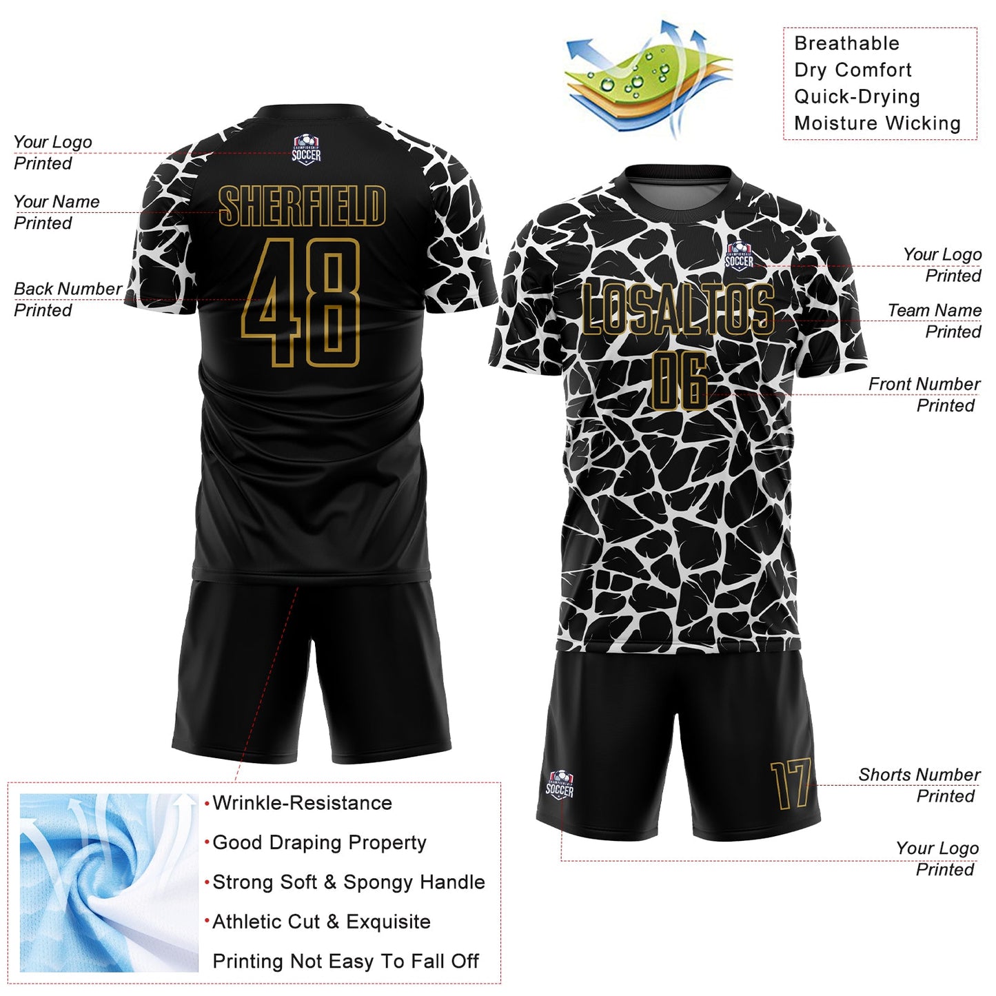 Custom Black White-Old Gold Abstract Network Splash Sublimation Soccer Uniform Jersey T-Shirts, Hoodie, Sweatshirt (Image 4)