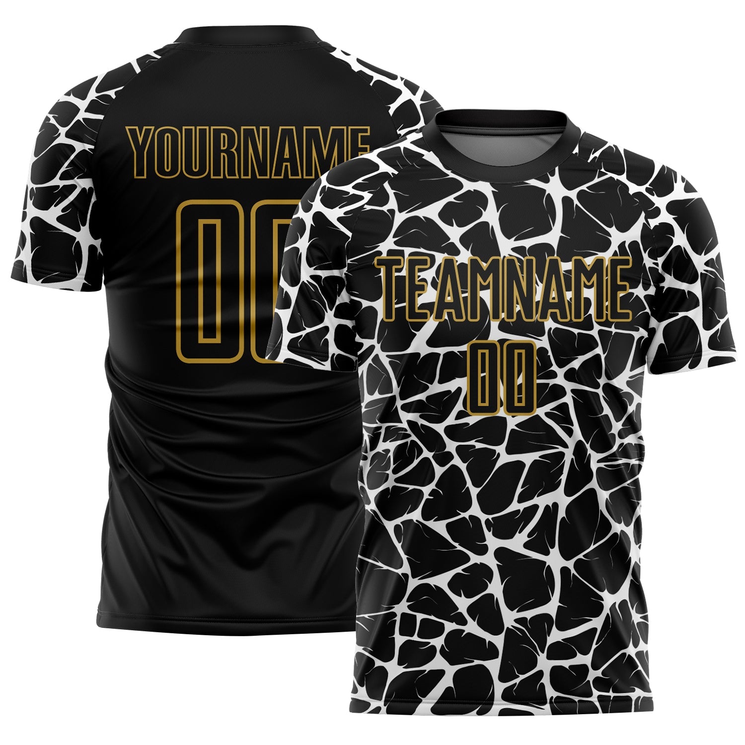 Custom Black White-Old Gold Abstract Network Splash Sublimation Soccer Uniform Jersey T-Shirts, Hoodie, Sweatshirt (Image 1)