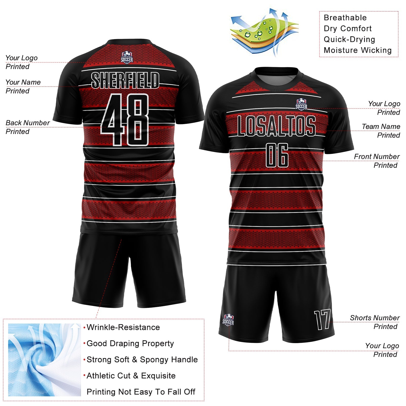 Custom Black Red-White Geometric Shapes And Line Sublimation Soccer Uniform Jersey T-Shirts, Hoodie, Sweatshirt (Image 4)