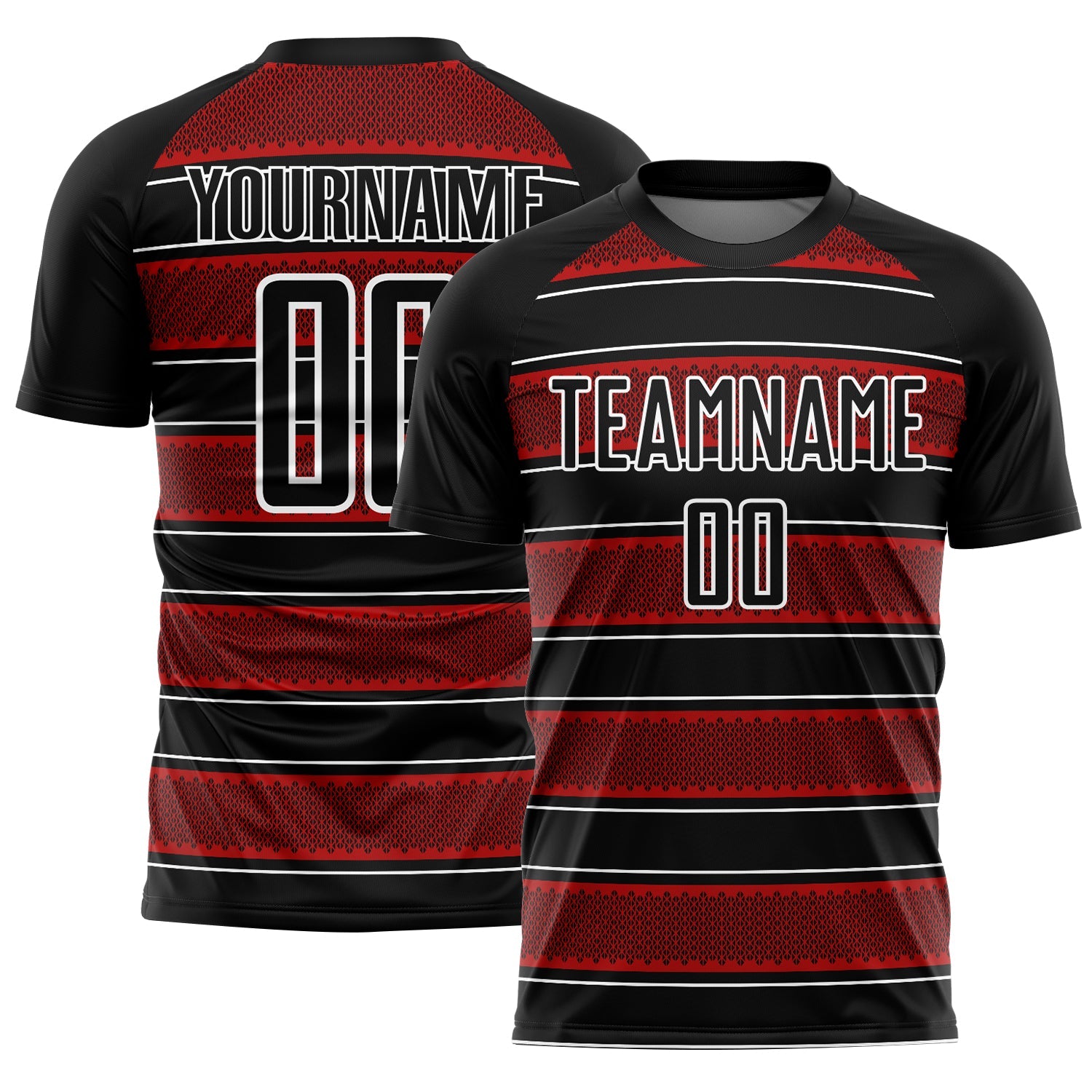 Custom Black Red-White Geometric Shapes And Line Sublimation Soccer Uniform Jersey T-Shirts, Hoodie, Sweatshirt (Image 1)