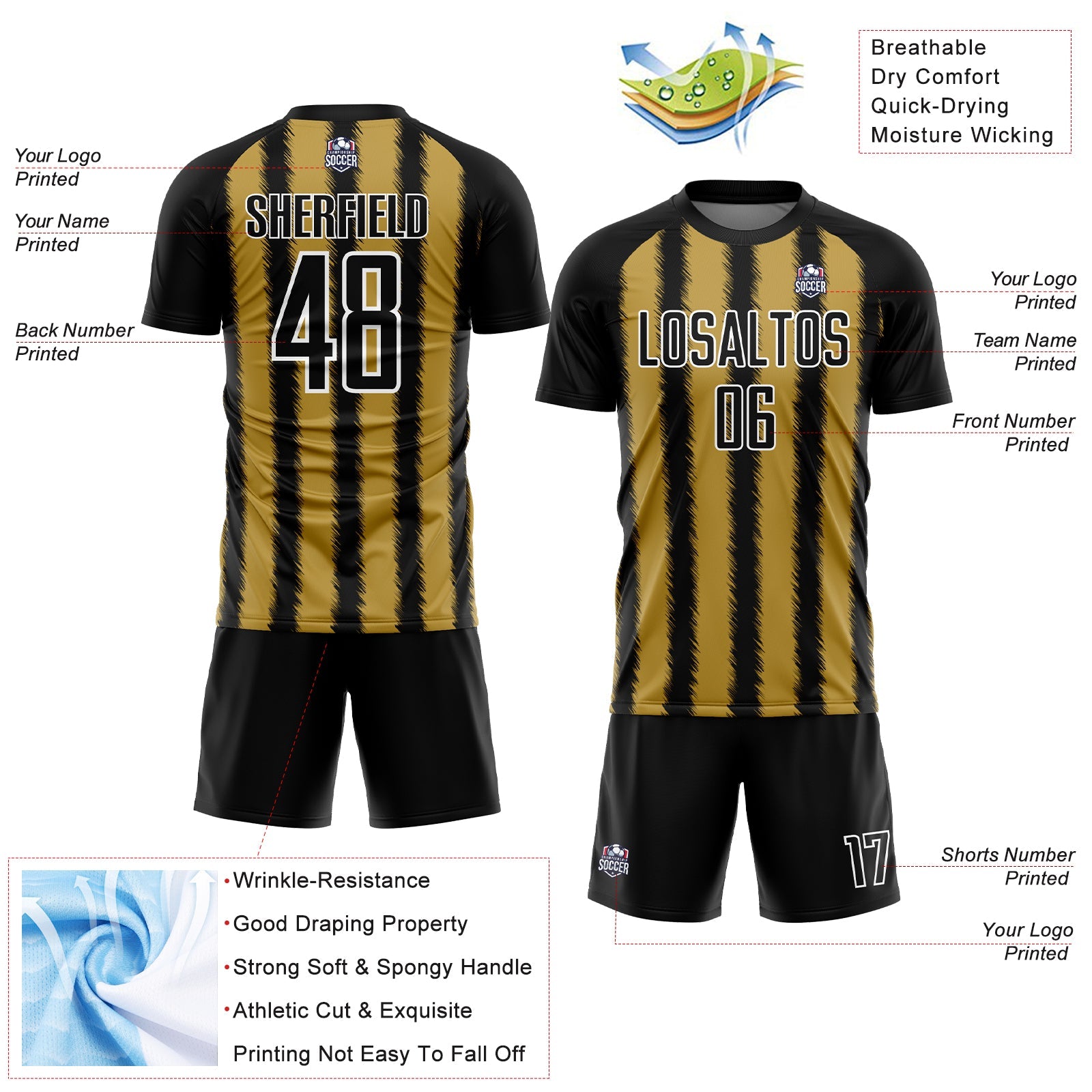 Custom Black Old Gold-White Line Sublimation Soccer Uniform Jersey T-Shirts, Hoodie, Sweatshirt | WearSparks.com (Image 4)