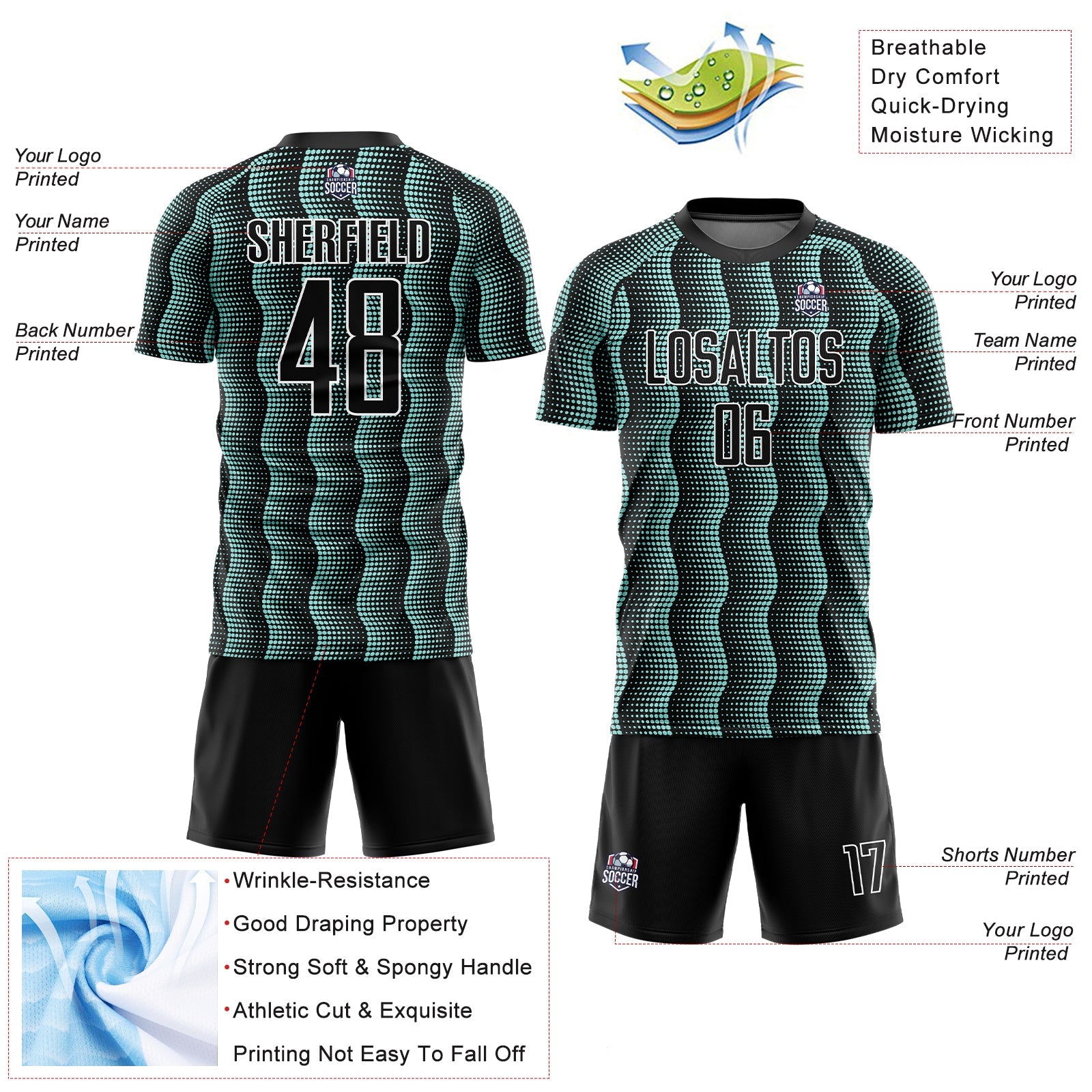 Custom Black Ice Blue-White Geometric Shape Sublimation Soccer Uniform Jersey T-Shirts, Hoodie, Sweatshirt (Image 4)