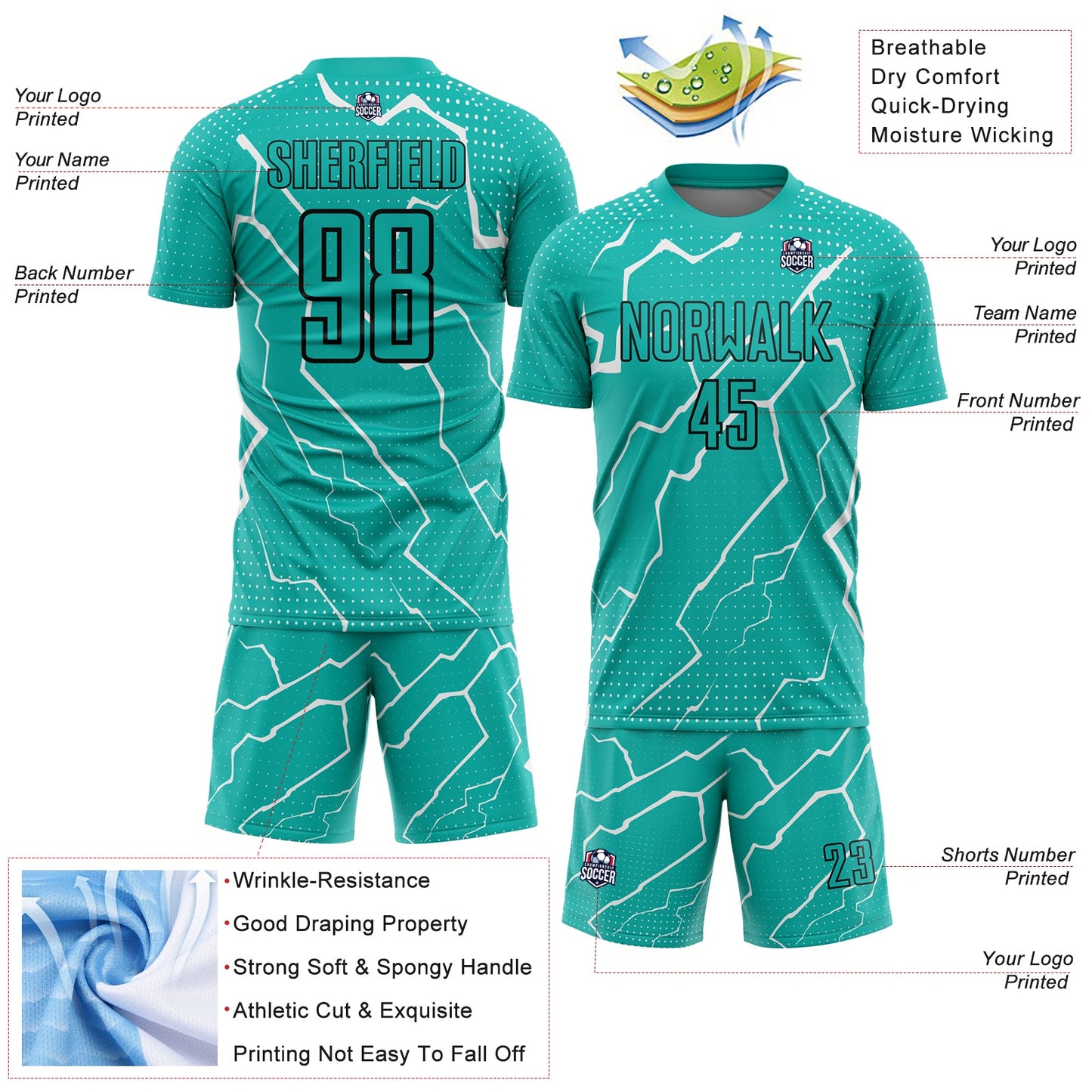 Custom Aqua Black-White Lightning Sublimation Soccer Uniform Jersey T-Shirts, Hoodie, Sweatshirt | WearSparks.com (Image 4)
