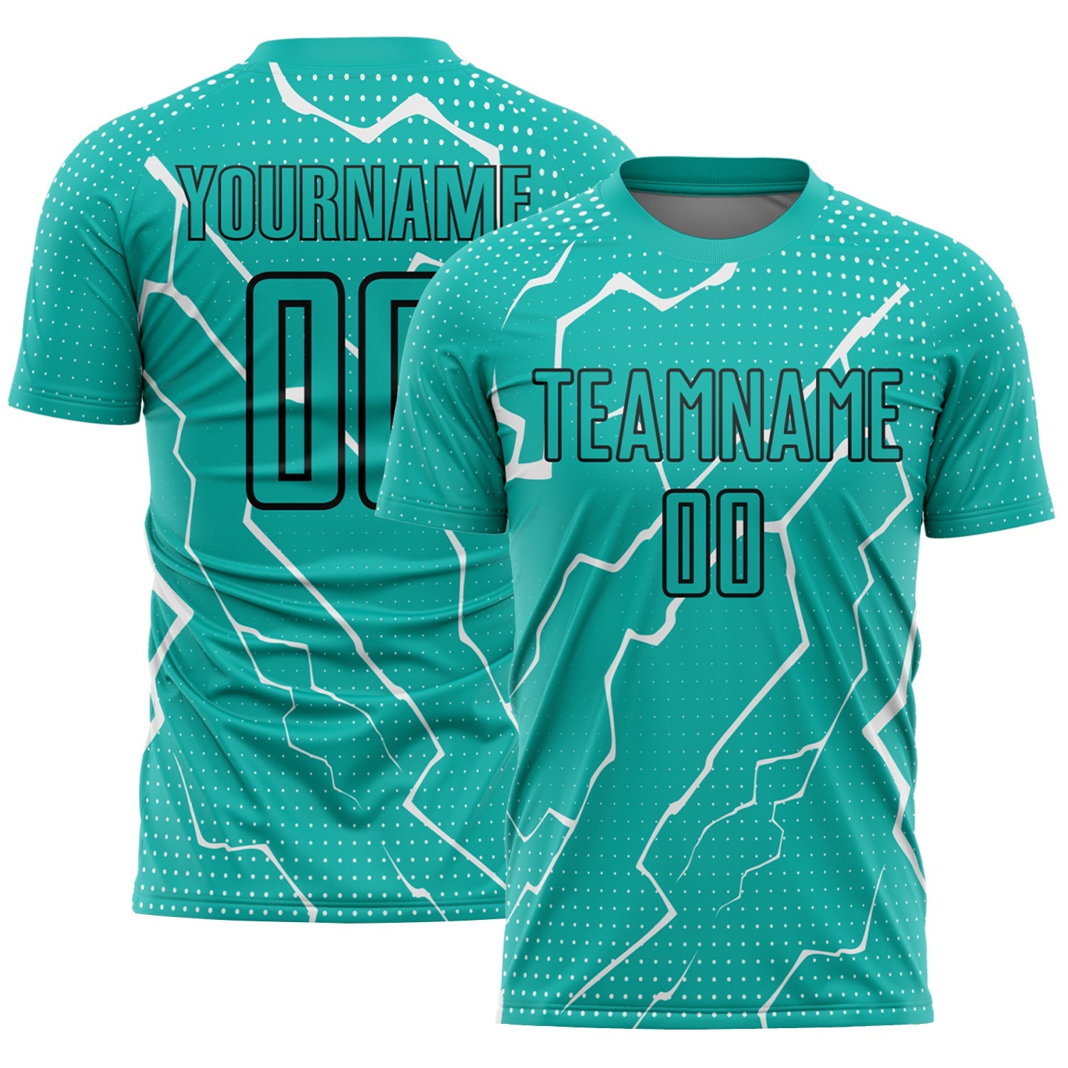 Custom Aqua Black-White Lightning Sublimation Soccer Uniform Jersey T-Shirts, Hoodie, Sweatshirt | WearSparks.com (Image 1)
