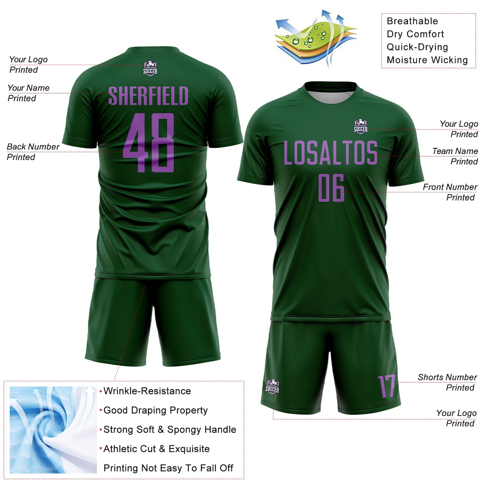 Custom Green Medium Purple Sublimation Soccer Uniform Jersey T-Shirts, Hoodie, Sweatshirt | WearSparks.com (Image 4)