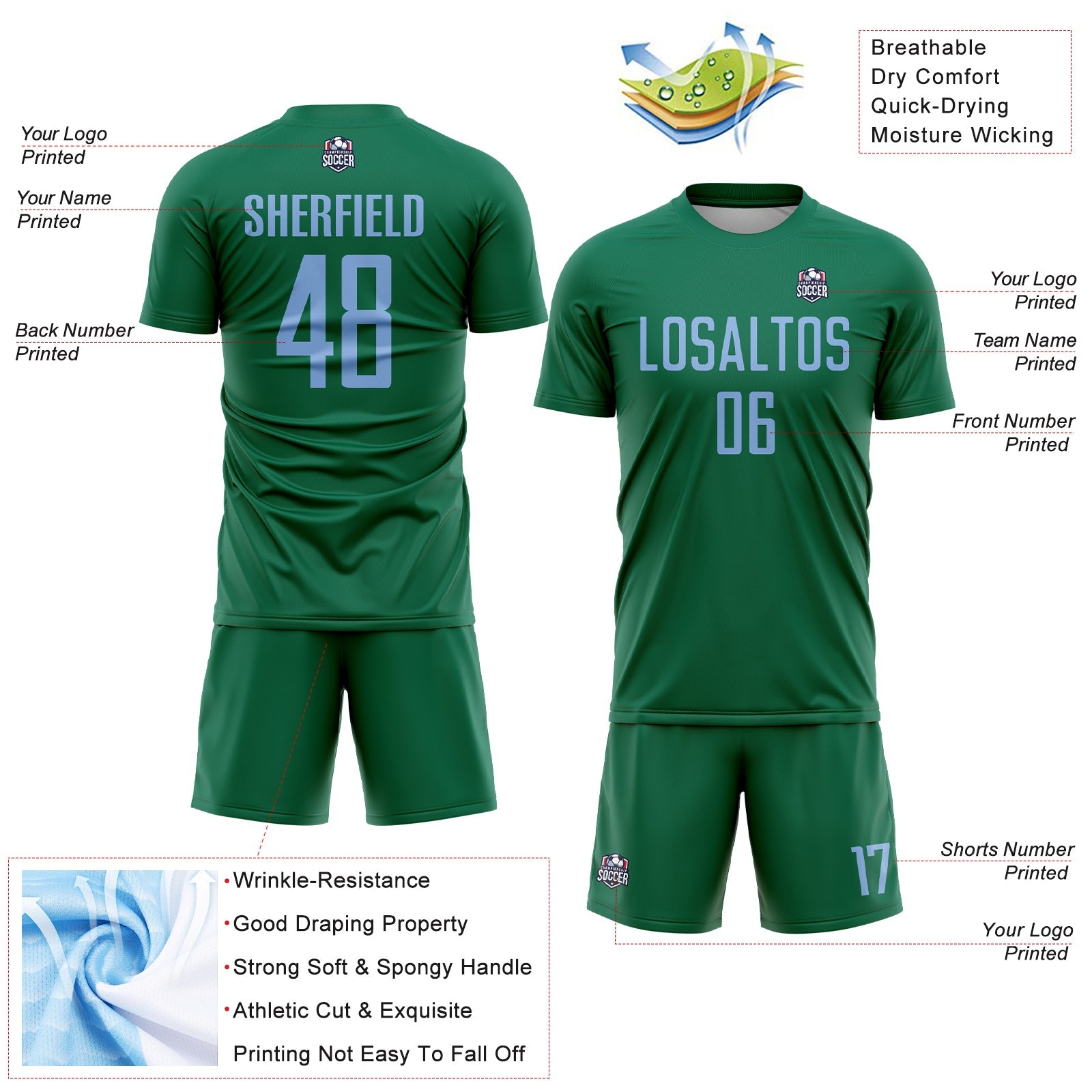 Custom Kelly Green Light Blue Sublimation Soccer Uniform Jersey T-Shirts, Hoodie, Sweatshirt | WearSparks.com (Image 4)