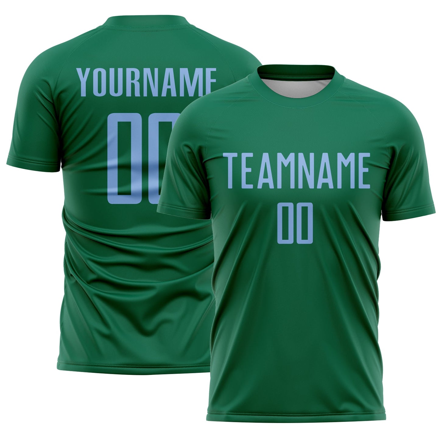 Custom Kelly Green Light Blue Sublimation Soccer Uniform Jersey T-Shirts, Hoodie, Sweatshirt | WearSparks.com (Image 1)