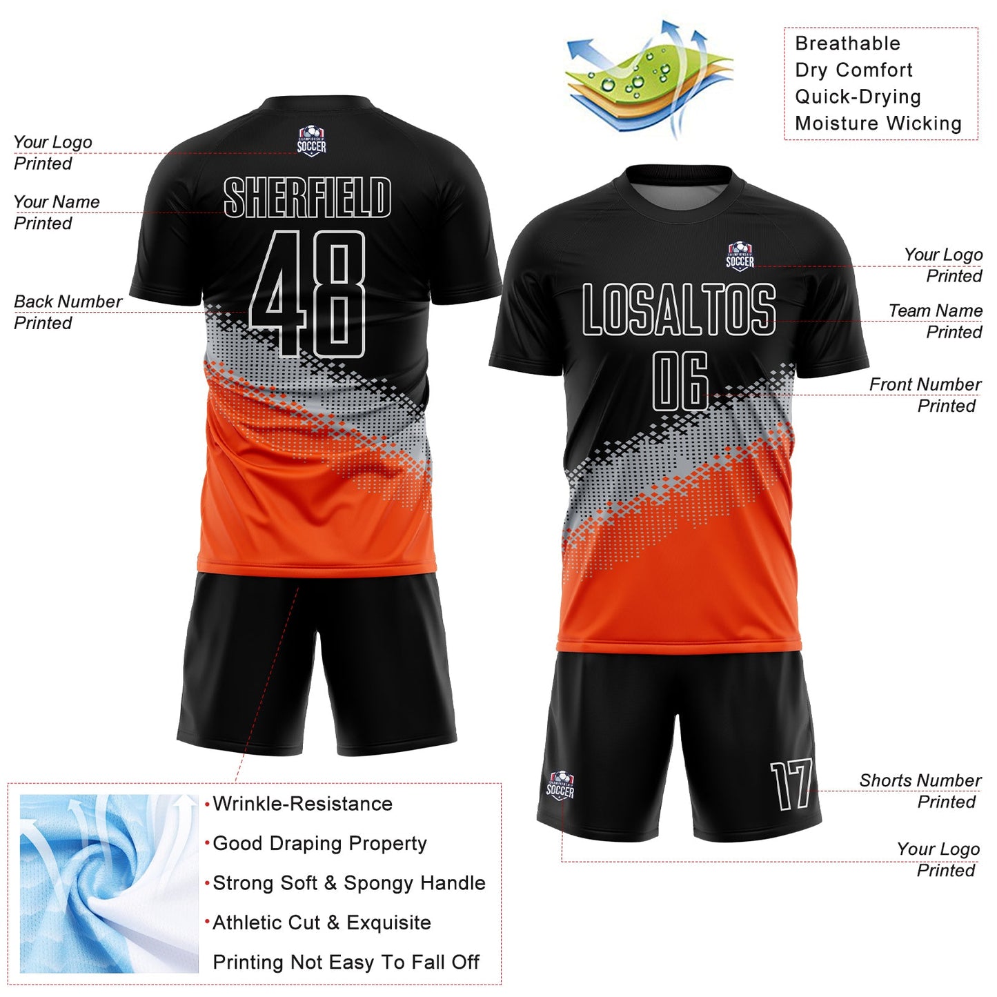 Custom Black Gray-Orange Gradient Geometric Shape Sublimation Soccer Uniform Jersey T-Shirts, Hoodie, Sweatshirt (Image 4)