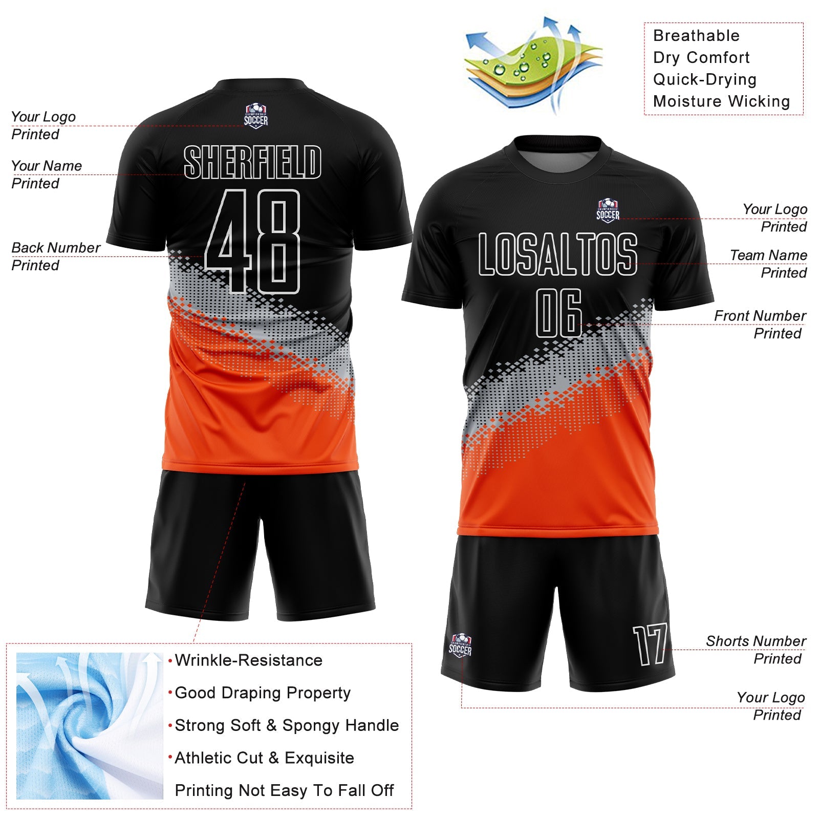 Custom Black Gray-Orange Gradient Geometric Shape Sublimation Soccer Uniform Jersey T-Shirts, Hoodie, Sweatshirt (Image 4)