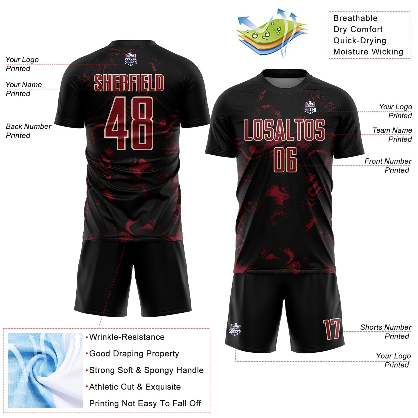 Custom Black Crimson-Cream Abstract Liquid Sublimation Soccer Uniform Jersey T-Shirts, Hoodie, Sweatshirt (Image 4)