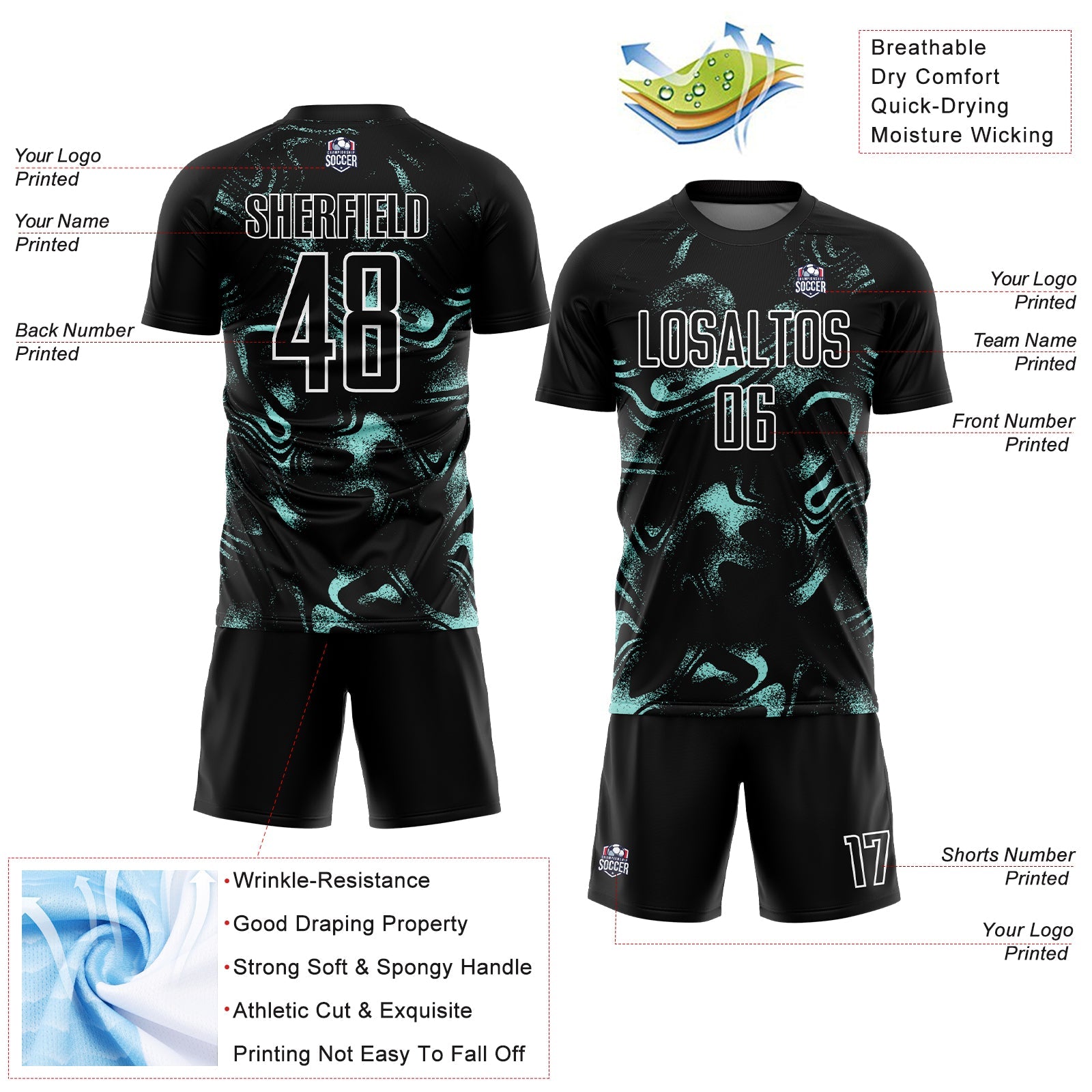 Custom Black Ice Blue-White Abstract Liquid Sublimation Soccer Uniform Jersey T-Shirts, Hoodie, Sweatshirt (Image 4)
