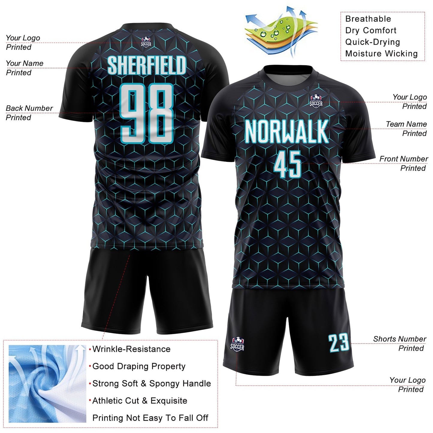 Custom Black White-Lakes Blue Geometric Shape Sublimation Soccer Uniform Jersey T-Shirts, Hoodie, Sweatshirt (Image 4)