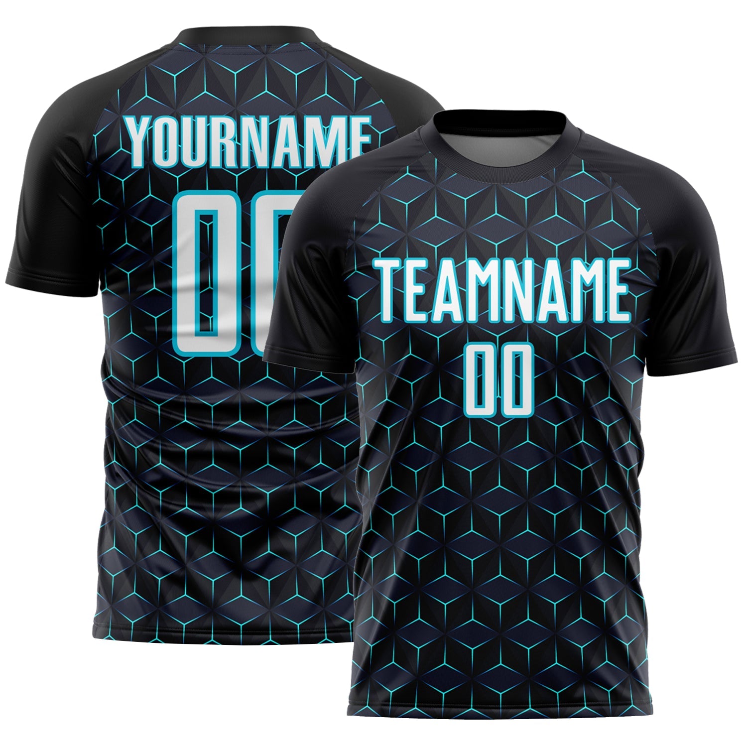 Custom Black White-Lakes Blue Geometric Shape Sublimation Soccer Uniform Jersey T-Shirts, Hoodie, Sweatshirt (Image 1)