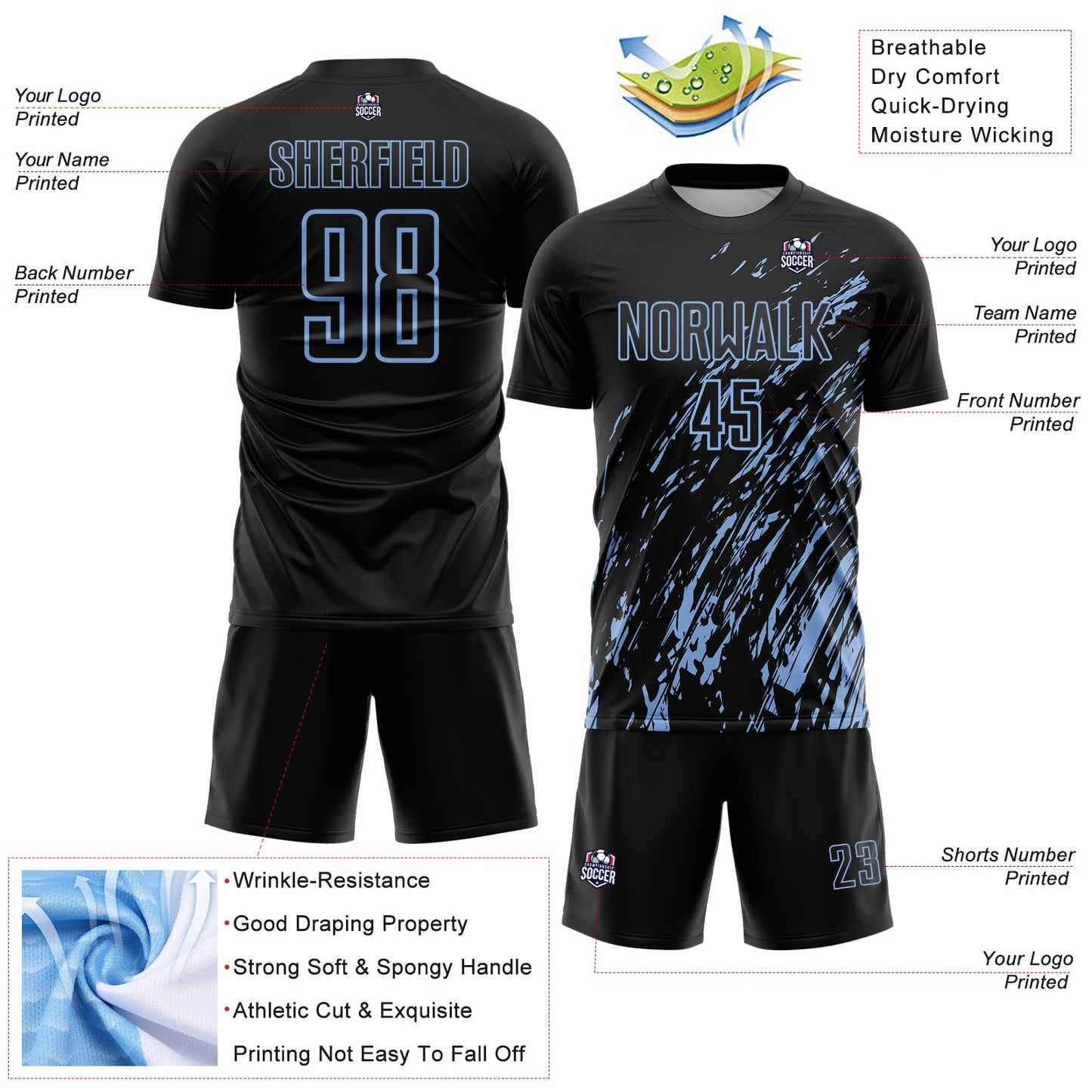 Custom Black Light Blue Splash Sublimation Soccer Uniform Jersey T-Shirts, Hoodie, Sweatshirt | WearSparks.com (Image 4)