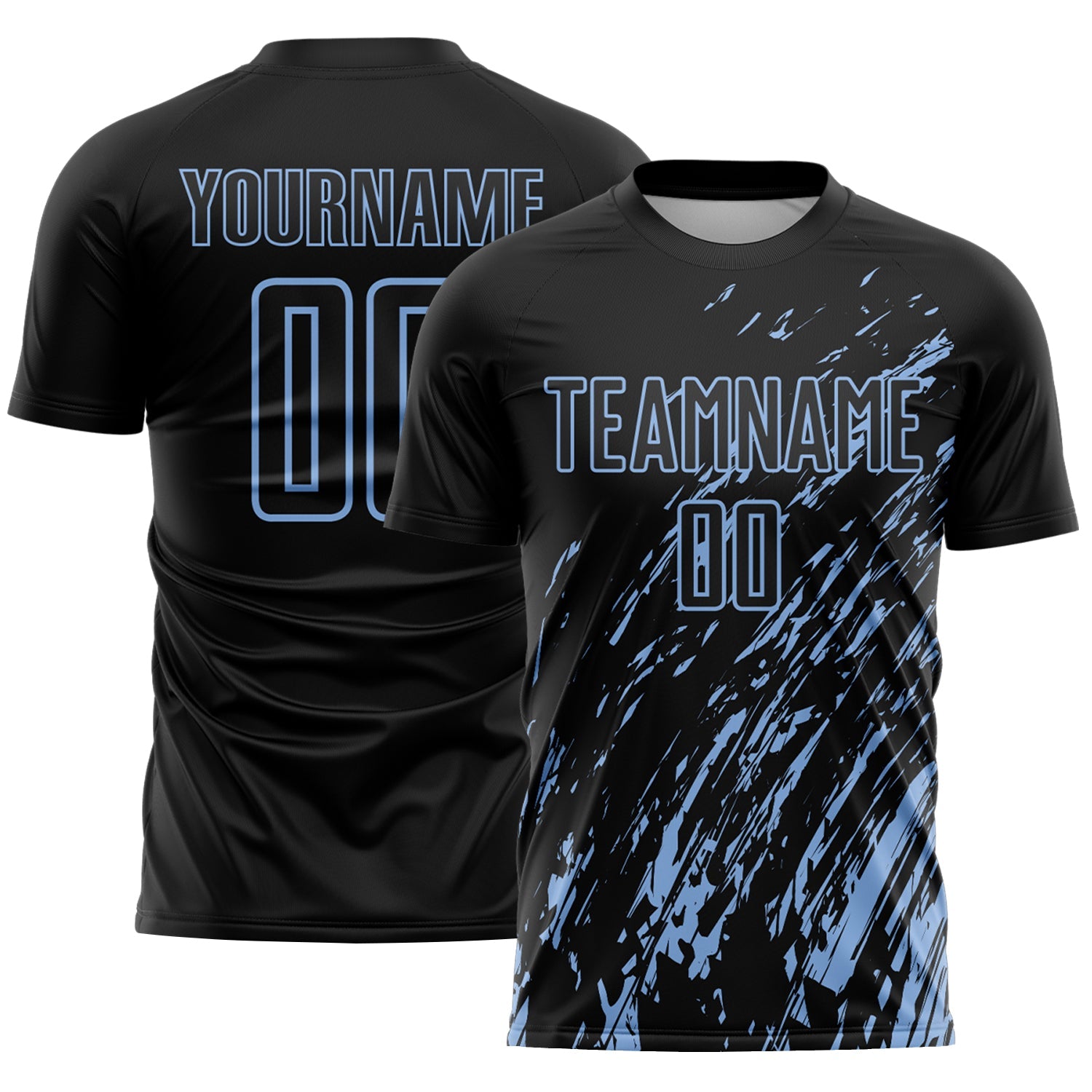 Custom Black Light Blue Splash Sublimation Soccer Uniform Jersey T-Shirts, Hoodie, Sweatshirt | WearSparks.com (Image 1)