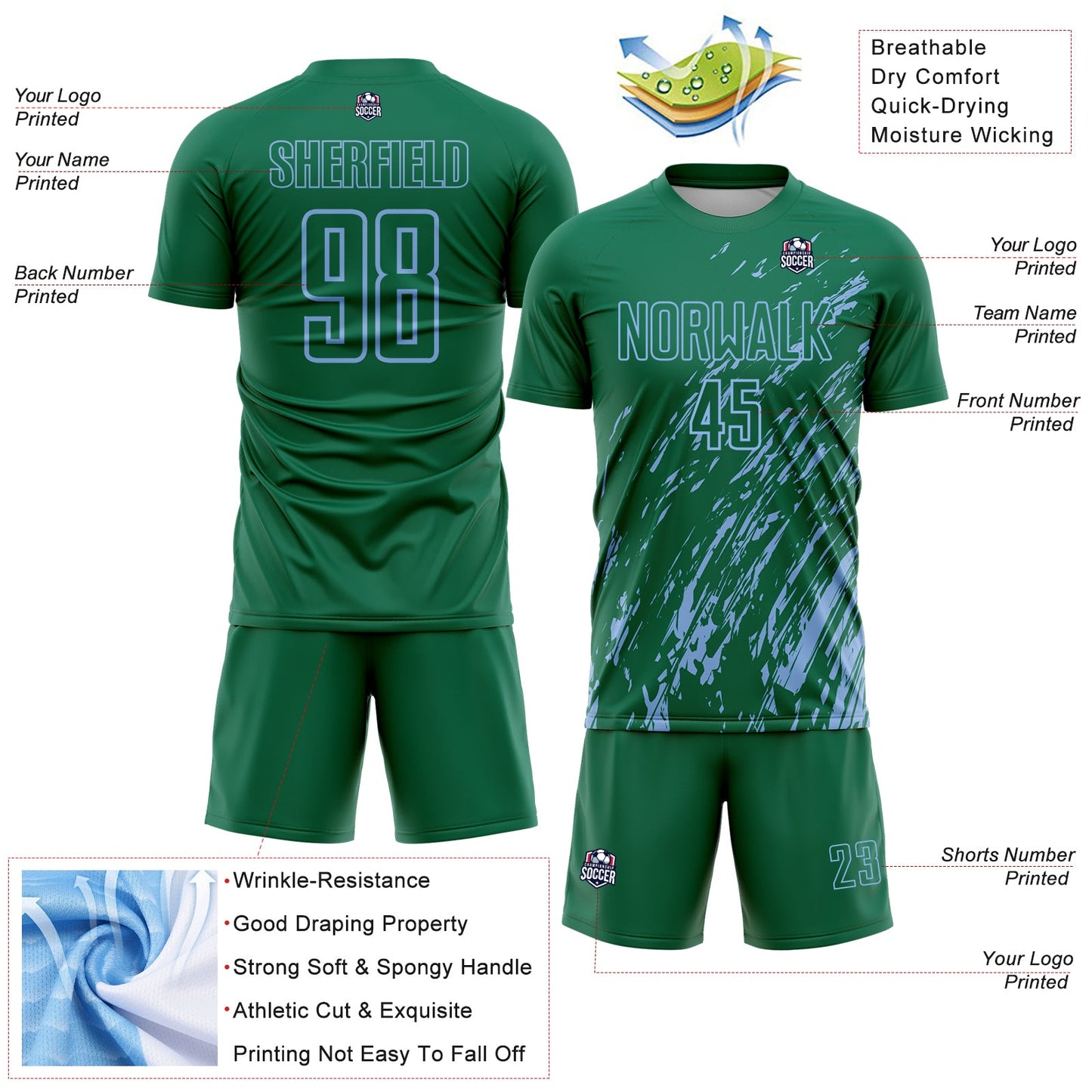 Custom Kelly Green Light Blue Splash Sublimation Soccer Uniform Jersey T-Shirts, Hoodie, Sweatshirt (Image 4)