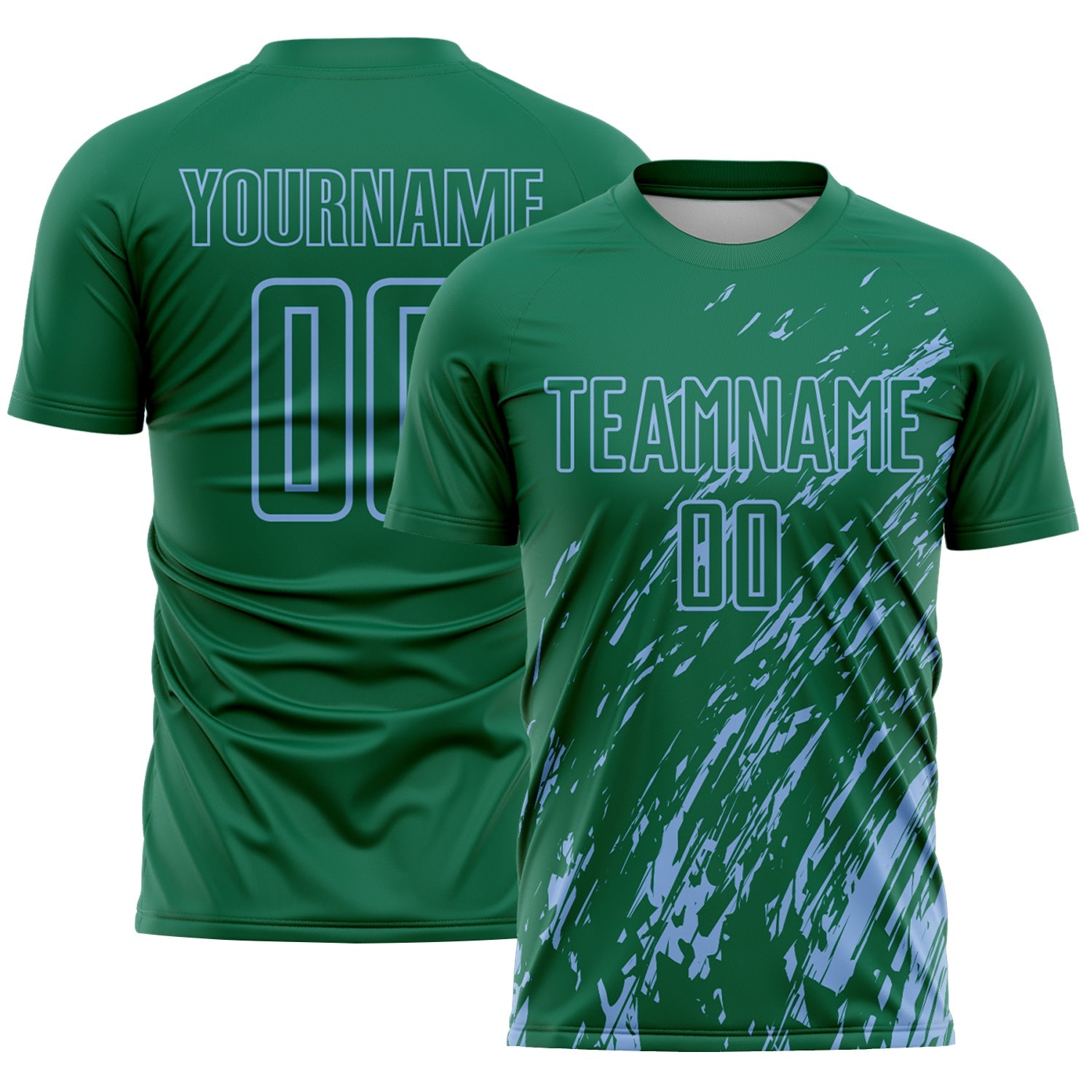 Custom Kelly Green Light Blue Splash Sublimation Soccer Uniform Jersey T-Shirts, Hoodie, Sweatshirt (Image 1)