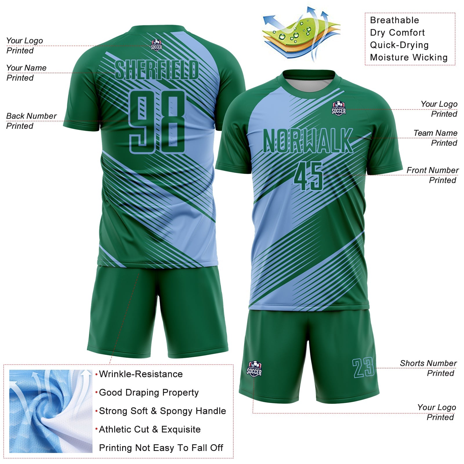 Custom Kelly Green Light Blue Line Sublimation Soccer Uniform Jersey T-Shirts, Hoodie, Sweatshirt | WearSparks.com (Image 4)