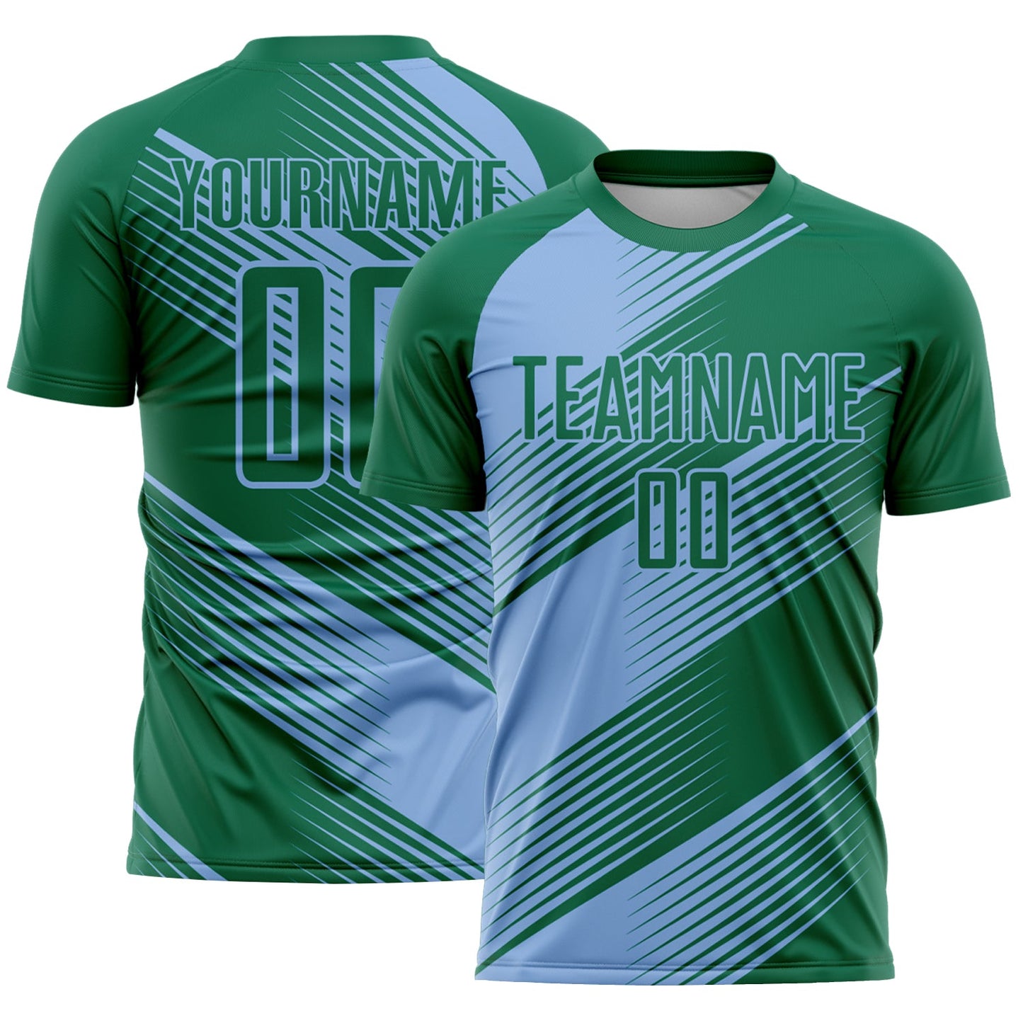 Custom Kelly Green Light Blue Line Sublimation Soccer Uniform Jersey T-Shirts, Hoodie, Sweatshirt | WearSparks.com (Image 1)