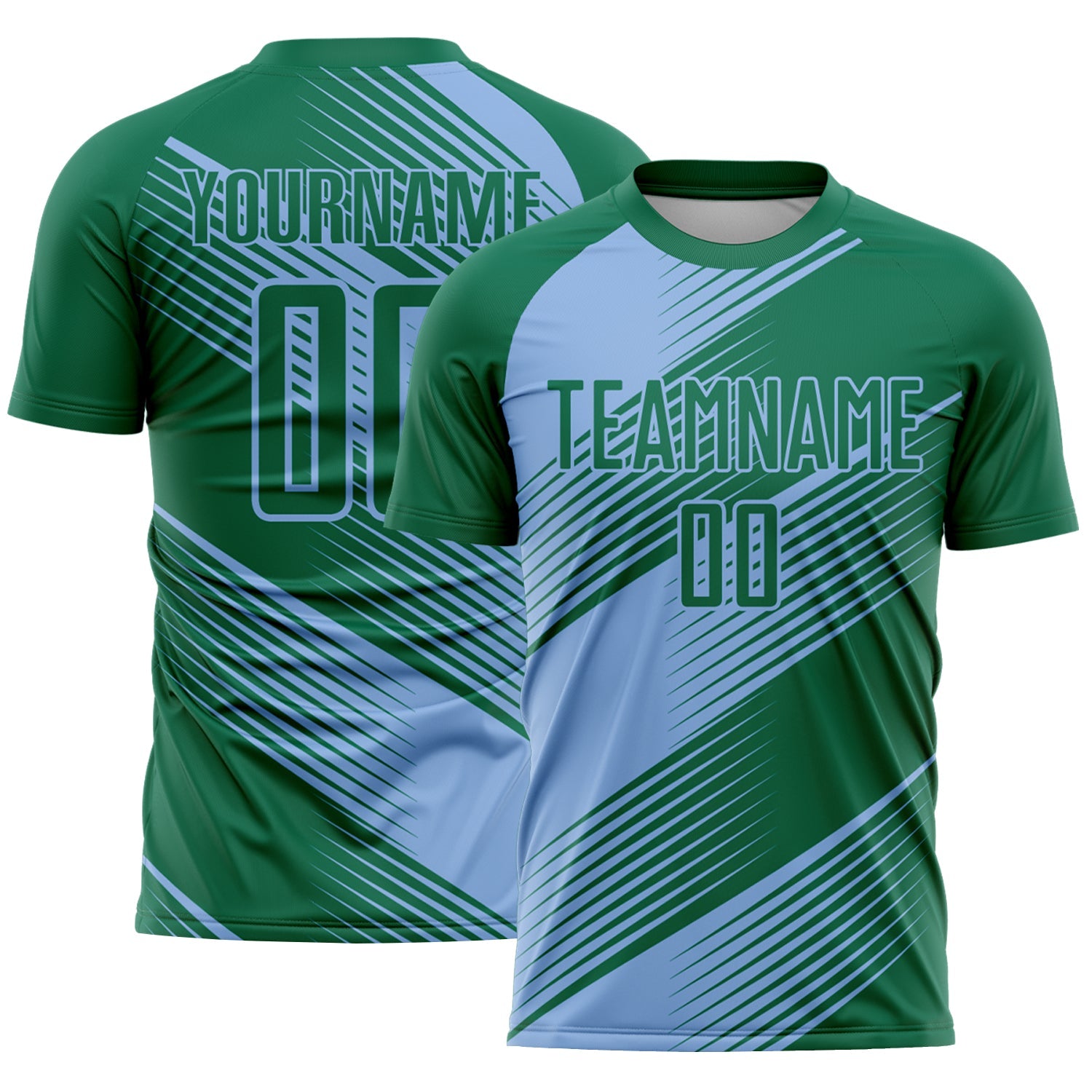 Custom Kelly Green Light Blue Line Sublimation Soccer Uniform Jersey T-Shirts, Hoodie, Sweatshirt | WearSparks.com (Image 1)