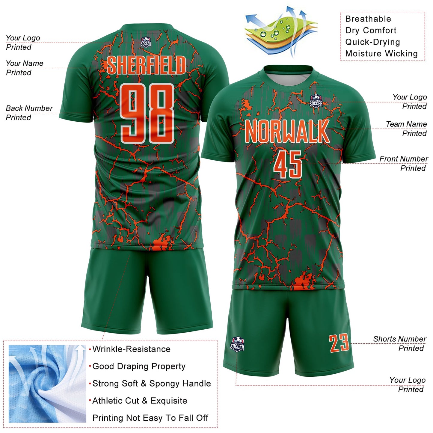 Custom Kelly Green Orange-White Lightning Sublimation Soccer Uniform Jersey T-Shirts, Hoodie, Sweatshirt (Image 4)