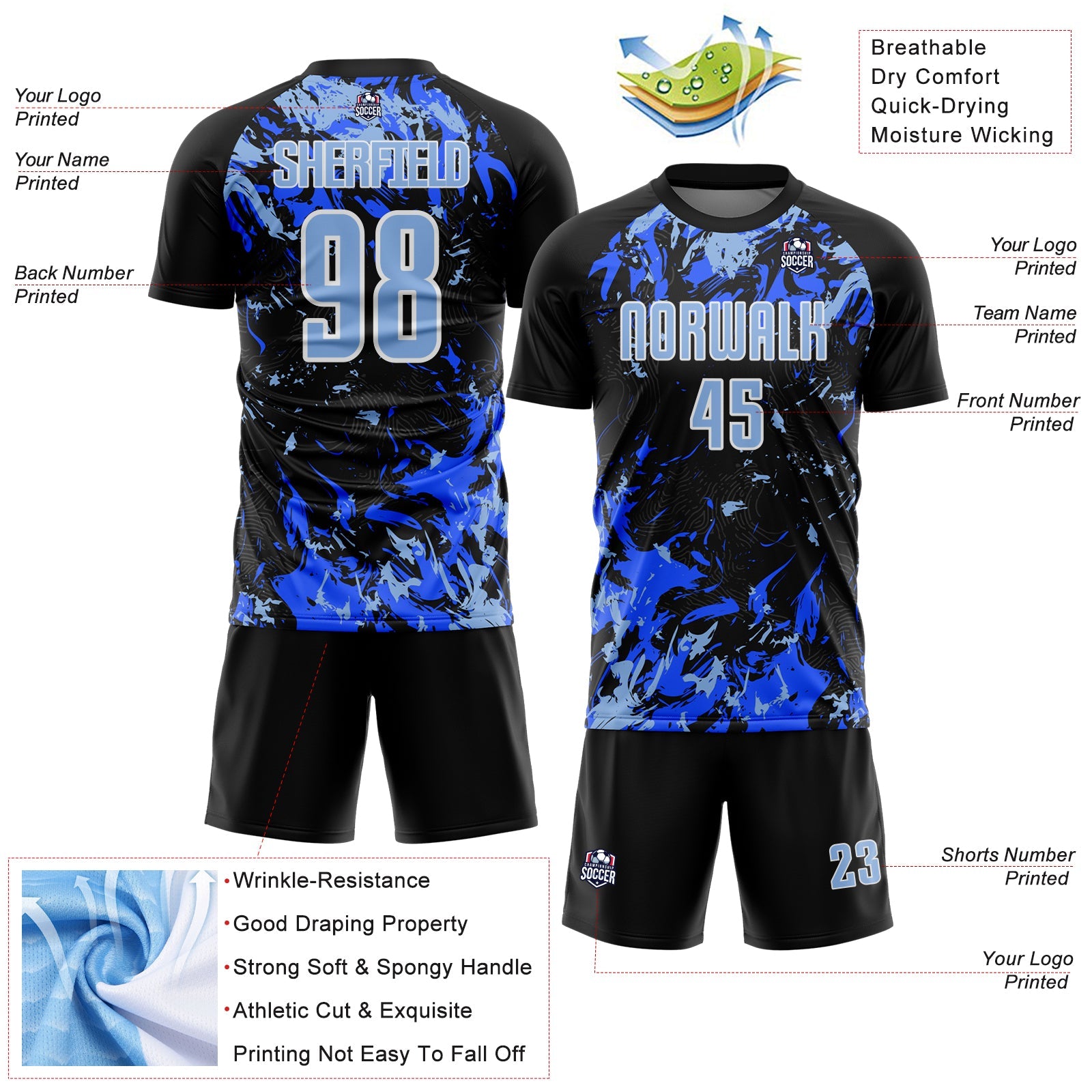Custom Black Light Blue Royal-White Fluid Art Splash Sublimation Soccer Uniform Jersey T-Shirts, Hoodie, Sweatshirt (Image 4)