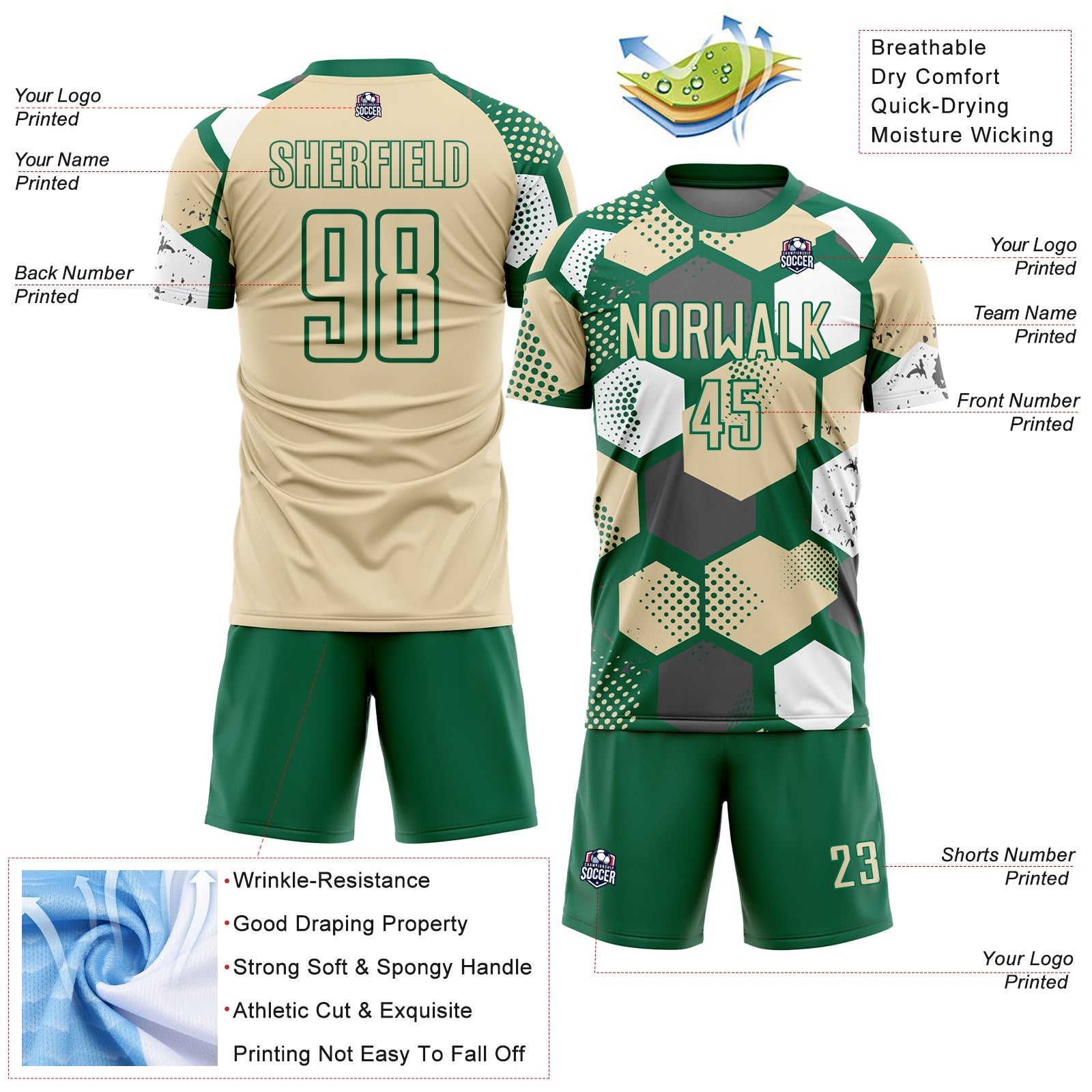 Custom Kelly Green Cream-White Geometric Shape Sublimation Soccer Uniform Jersey T-Shirts, Hoodie, Sweatshirt (Image 4)