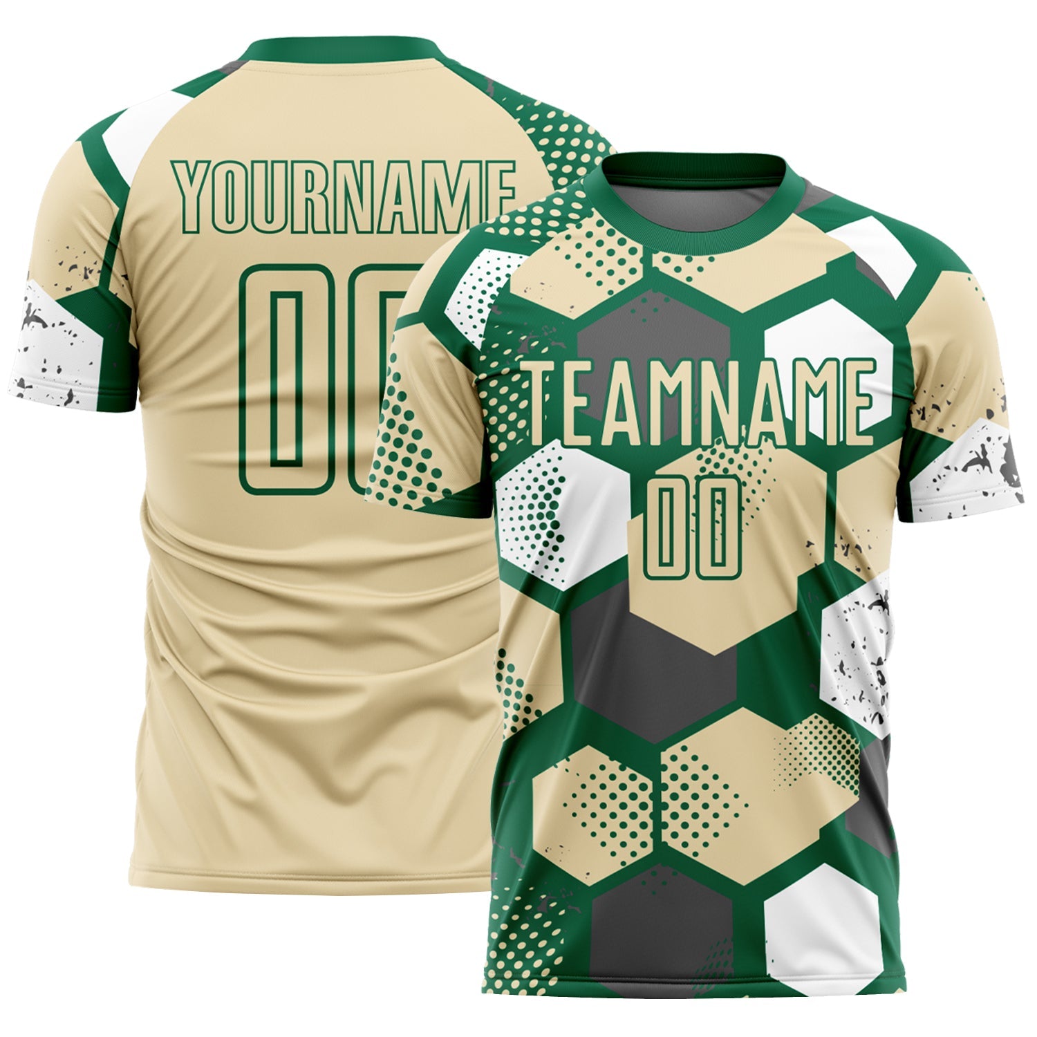 Custom Kelly Green Cream-White Geometric Shape Sublimation Soccer Uniform Jersey T-Shirts, Hoodie, Sweatshirt (Image 1)