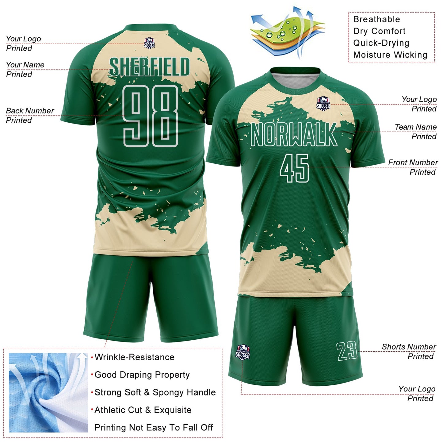 Custom Kelly Green Cream-White Abstract Fragment Art Sublimation Soccer Uniform Jersey T-Shirts, Hoodie, Sweatshirt (Image 4)