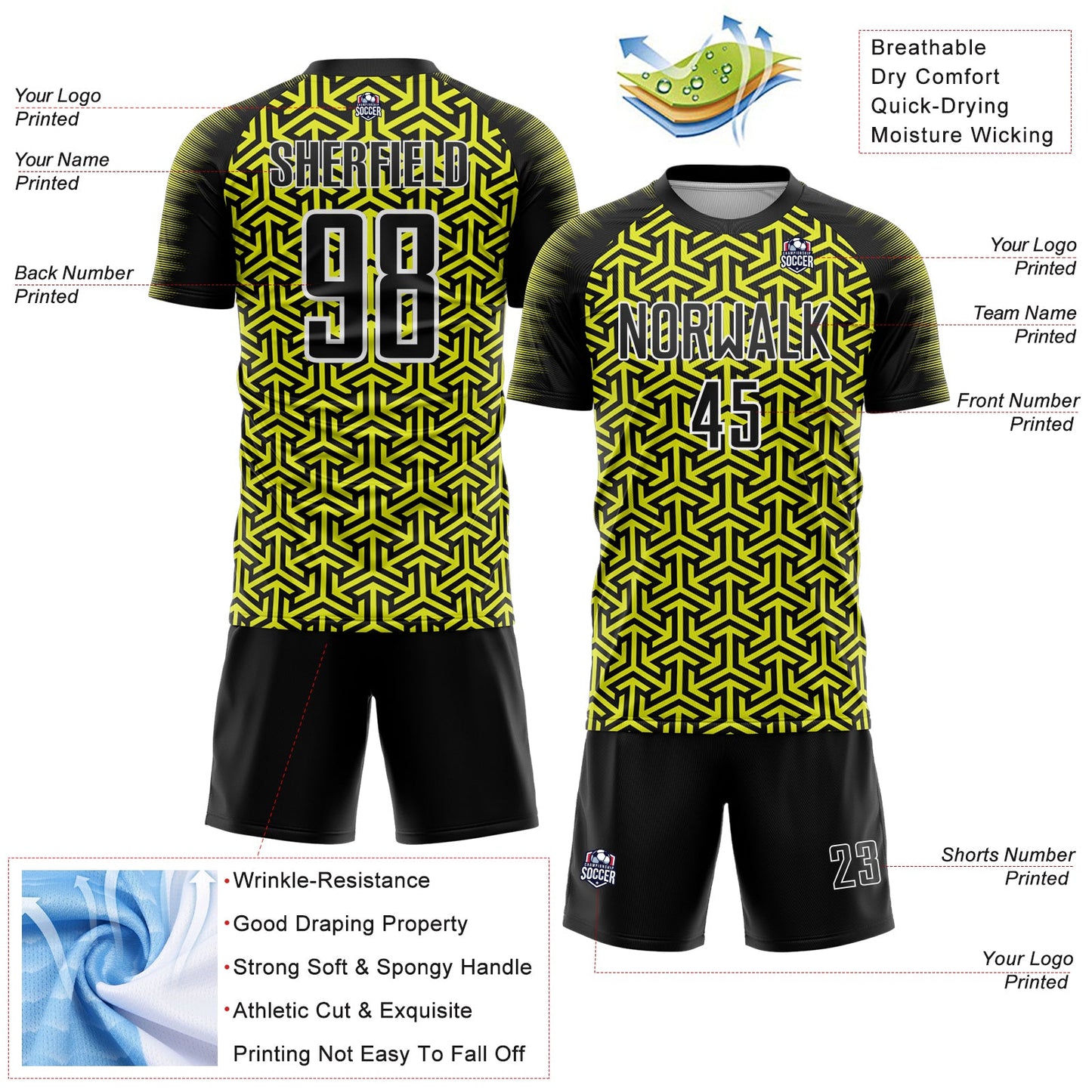 Custom Black Neon Yellow-White Geometric Arrow Sublimation Soccer Uniform Jersey T-Shirts, Hoodie, Sweatshirt (Image 4)