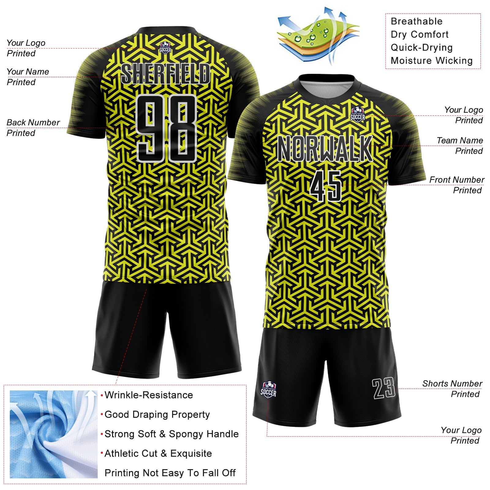 Custom Black Neon Yellow-White Geometric Arrow Sublimation Soccer Uniform Jersey T-Shirts, Hoodie, Sweatshirt (Image 4)