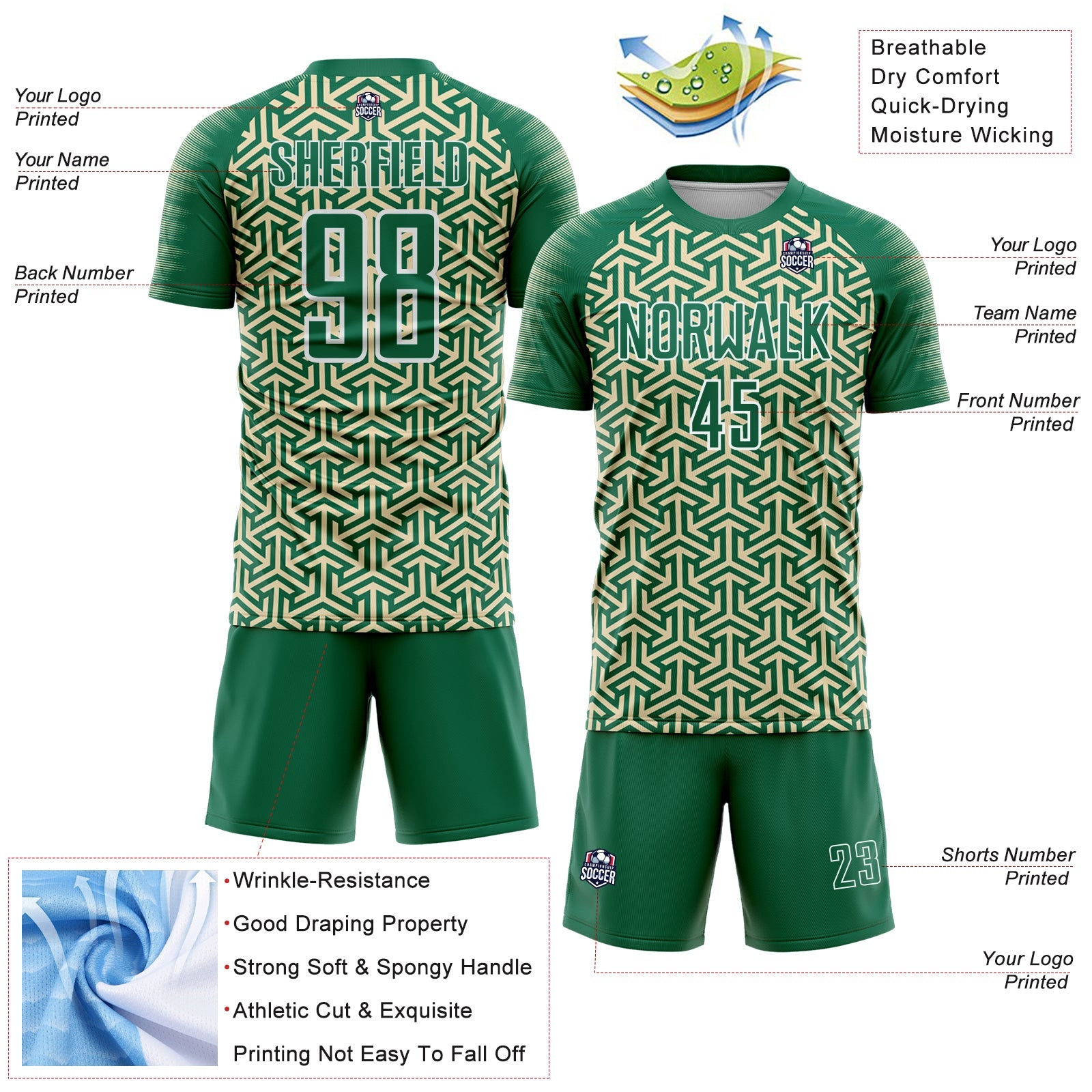 Custom Kelly Green Cream-White Geometric Arrow Sublimation Soccer Uniform Jersey T-Shirts, Hoodie, Sweatshirt (Image 4)