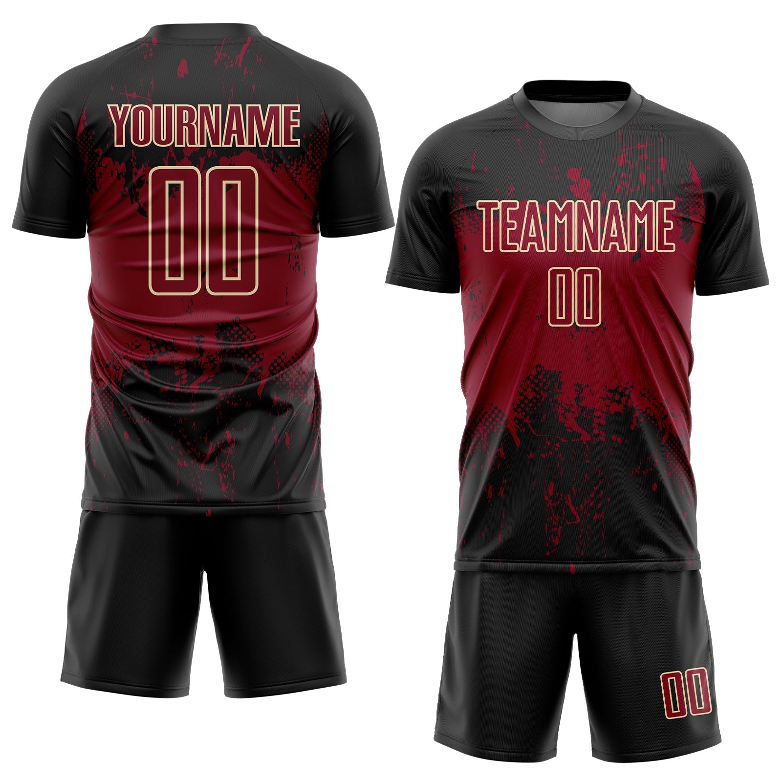 Custom Black Crimson-Cream Abstract Splatter Grunge Art Sports Sublimation Soccer Uniform Jersey T-Shirts,... (Image 2)
