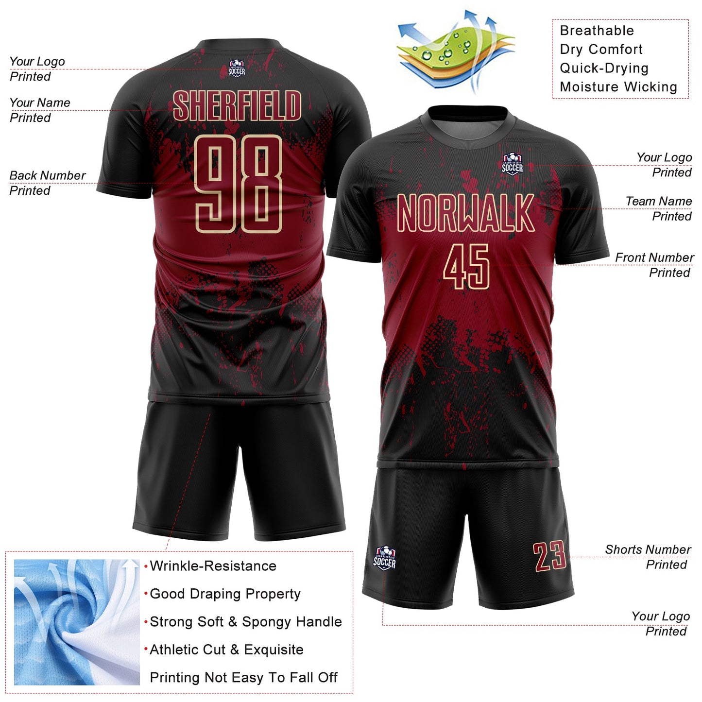Custom Black Crimson-Cream Abstract Splatter Grunge Art Sports Sublimation Soccer Uniform Jersey T-Shirts,... (Image 4)